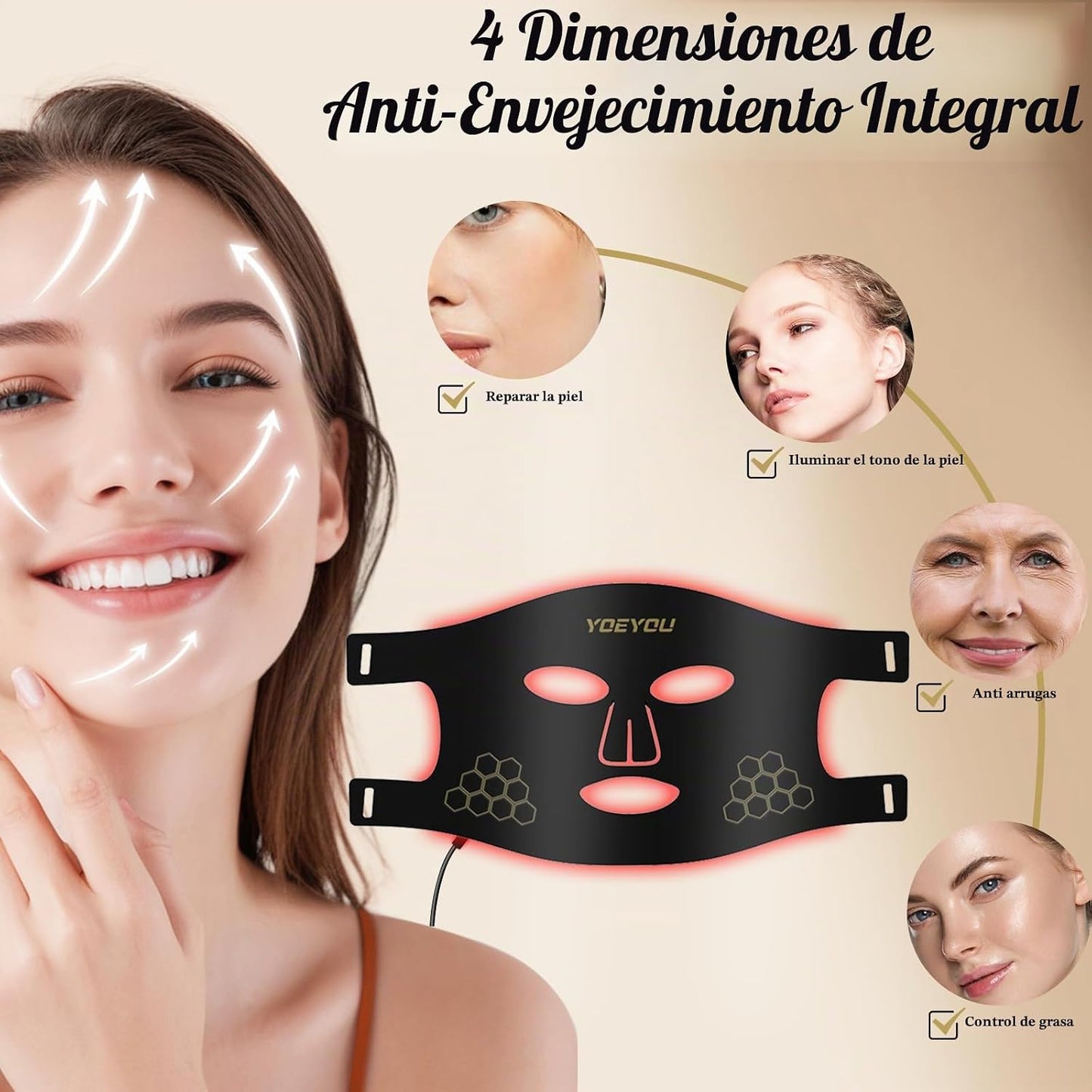 YOEYOU Terapia de luz roja para cara, máscara facial LED infrarroja...