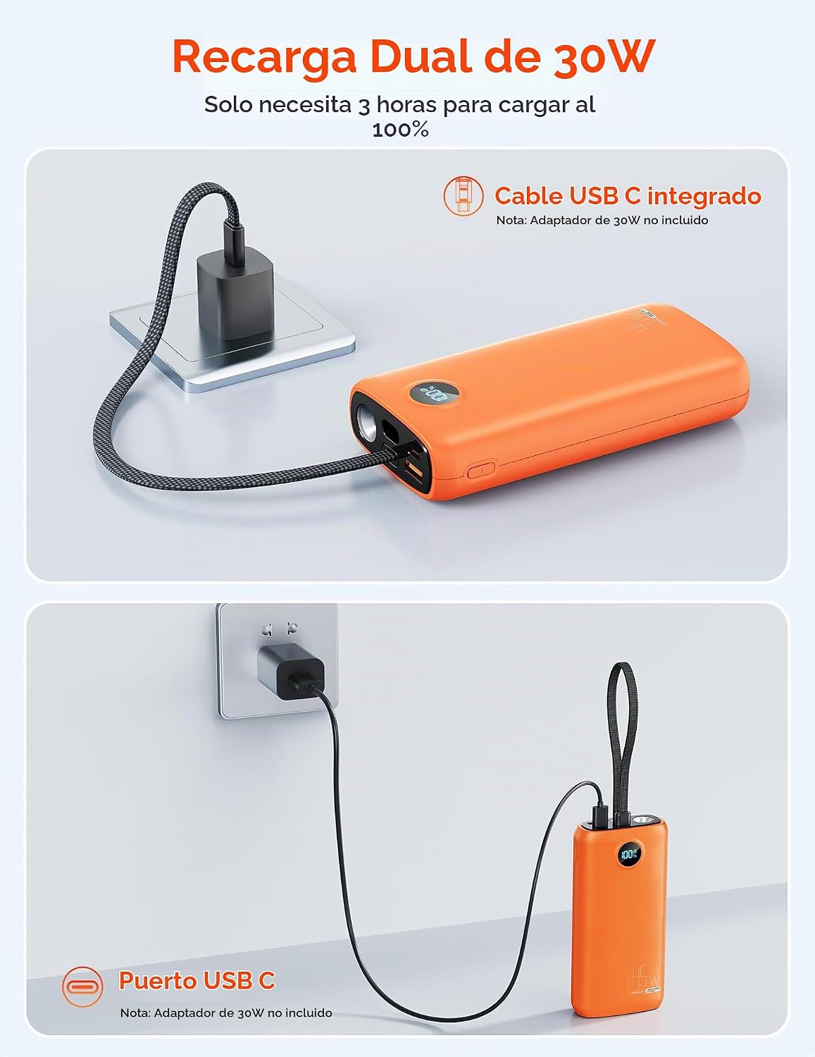 Cargador portátil, batería portátil de 45 W, 20000 mAh, con cable U...