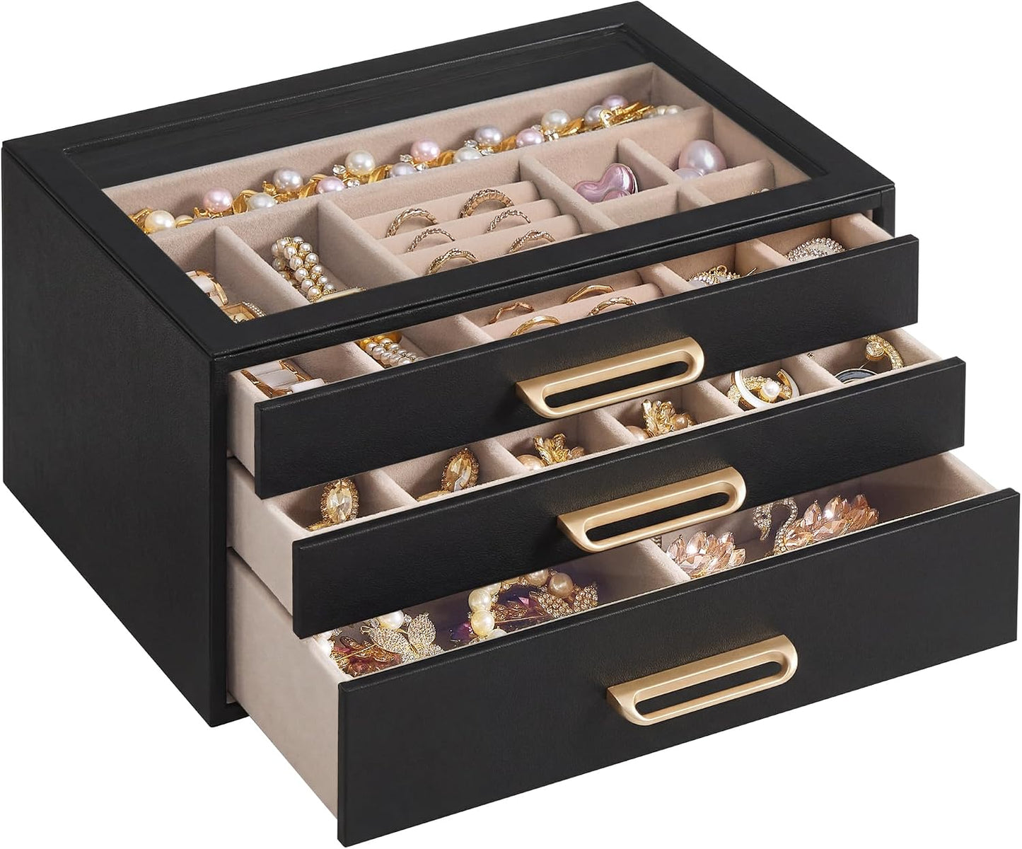 SONGMICS Joyero de 3 capas con ventana de cristal, organizador de a...
