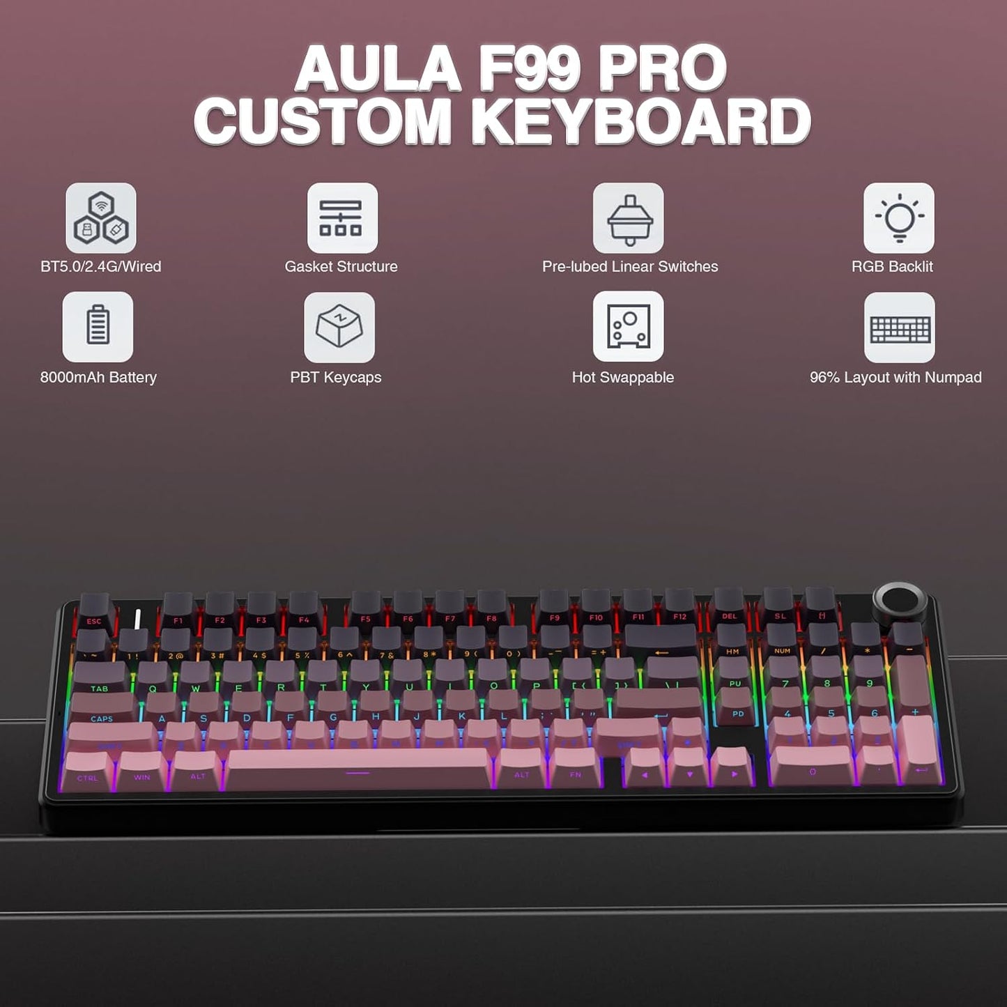AULA Teclado mecánico inalámbrico F99 Pro con perilla SC580 Ratón i...