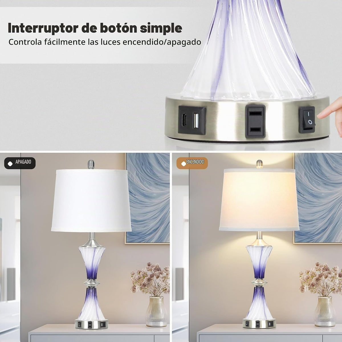 Rinweey Juego de 2 lámparas de mesa de cristal morado con puertos U...