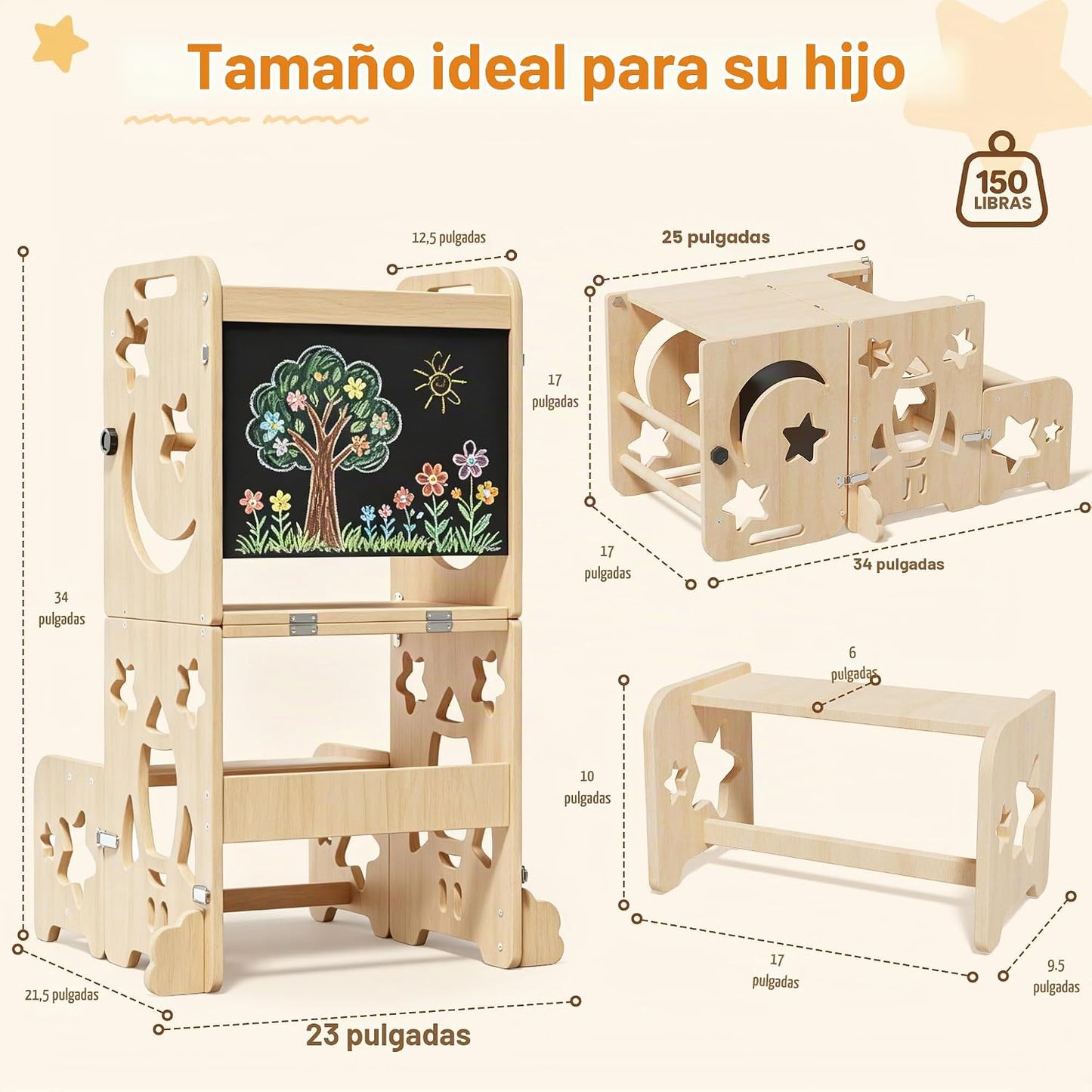 CraMAGI Torre de pie para niños pequeños, taburete de cocina 4 en 1...