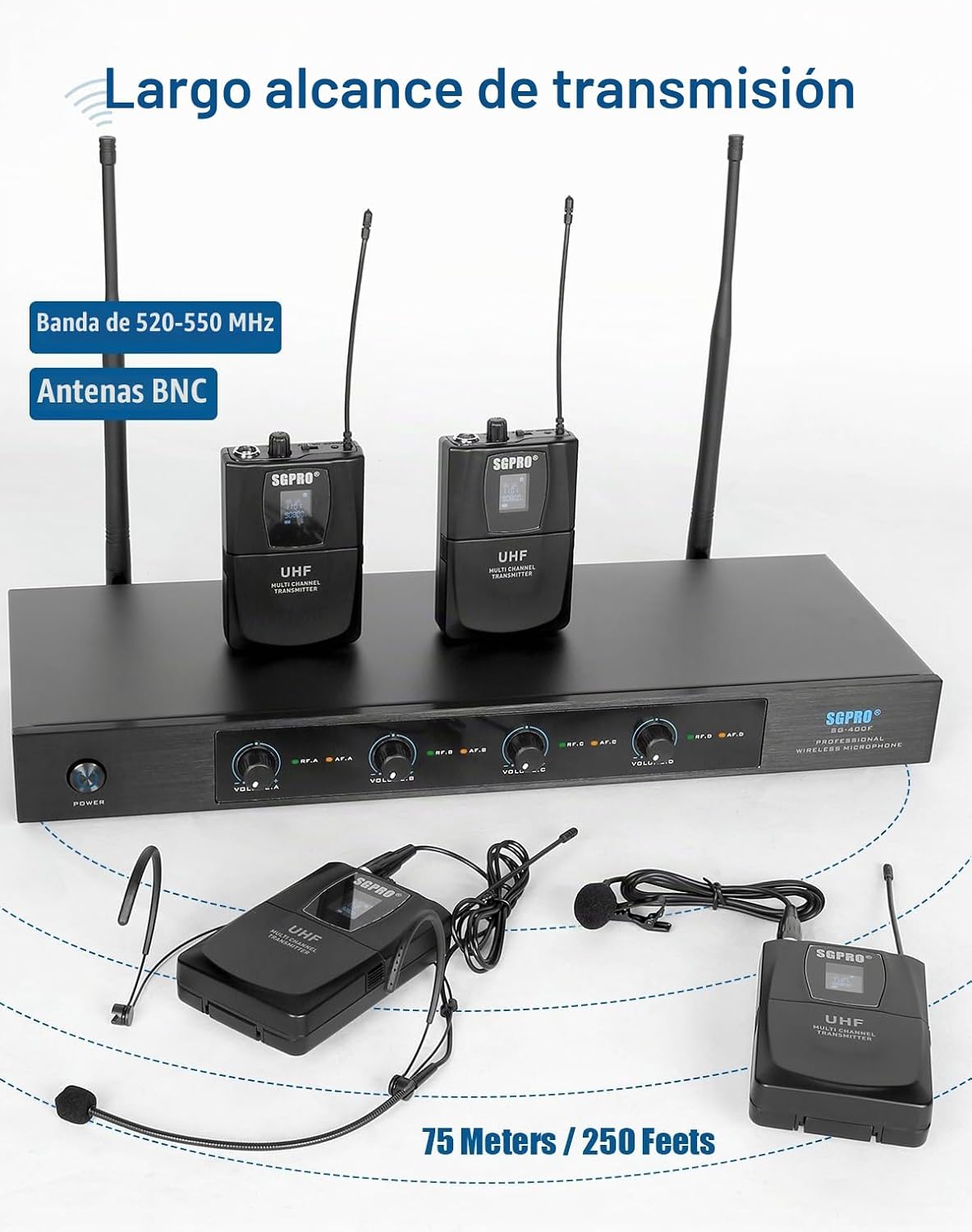 SGPRO SG-400F4B Sistema de micrófono inalámbrico de 4 canales | 4 c...