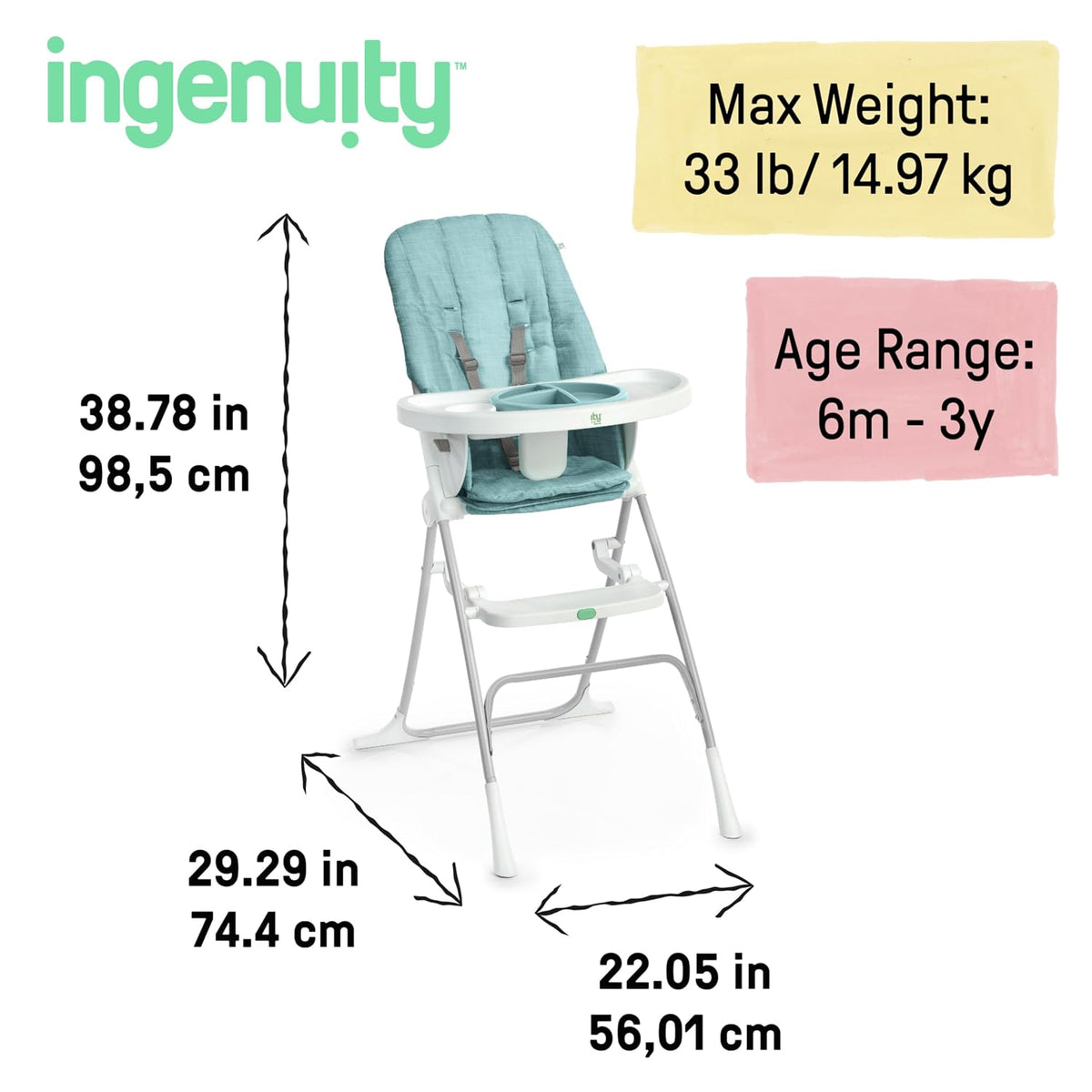Ingenuity Sun Valley Silla alta plegable compacta para bebé, placa...
