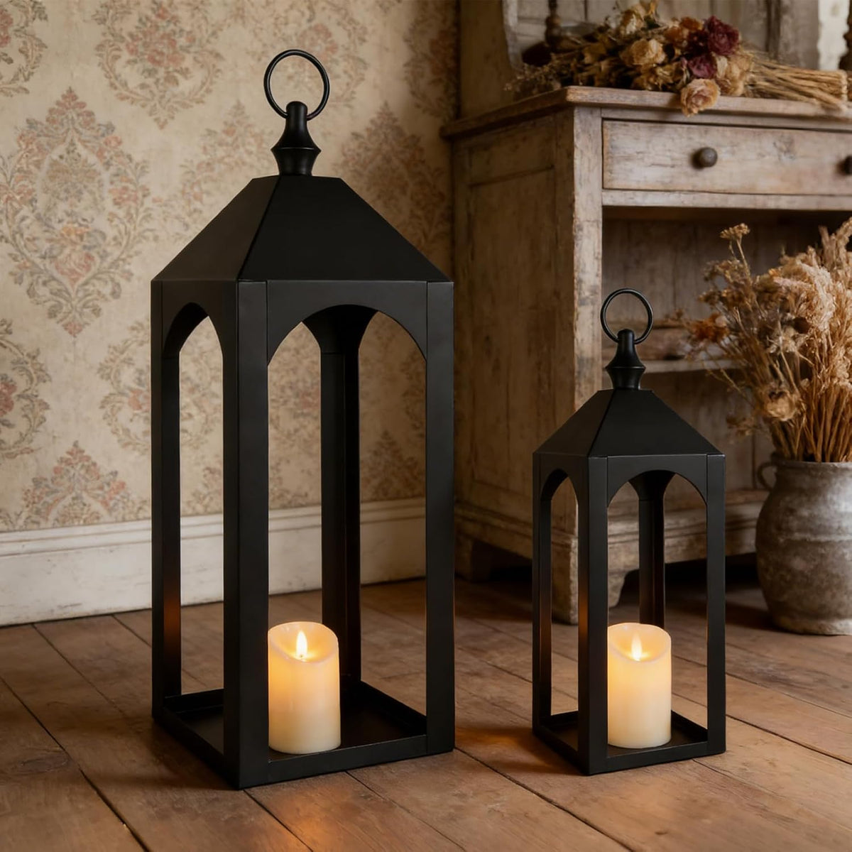 Faroles grandes de metal negro de 23 pulgadas y 17 pulgadas, decora...