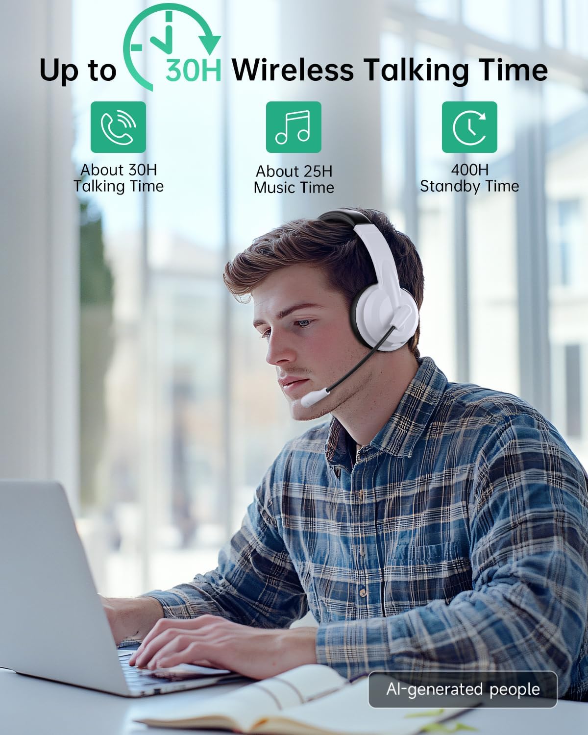 AOC Auriculares inalámbricos con micrófono para trabajo, cancelació...