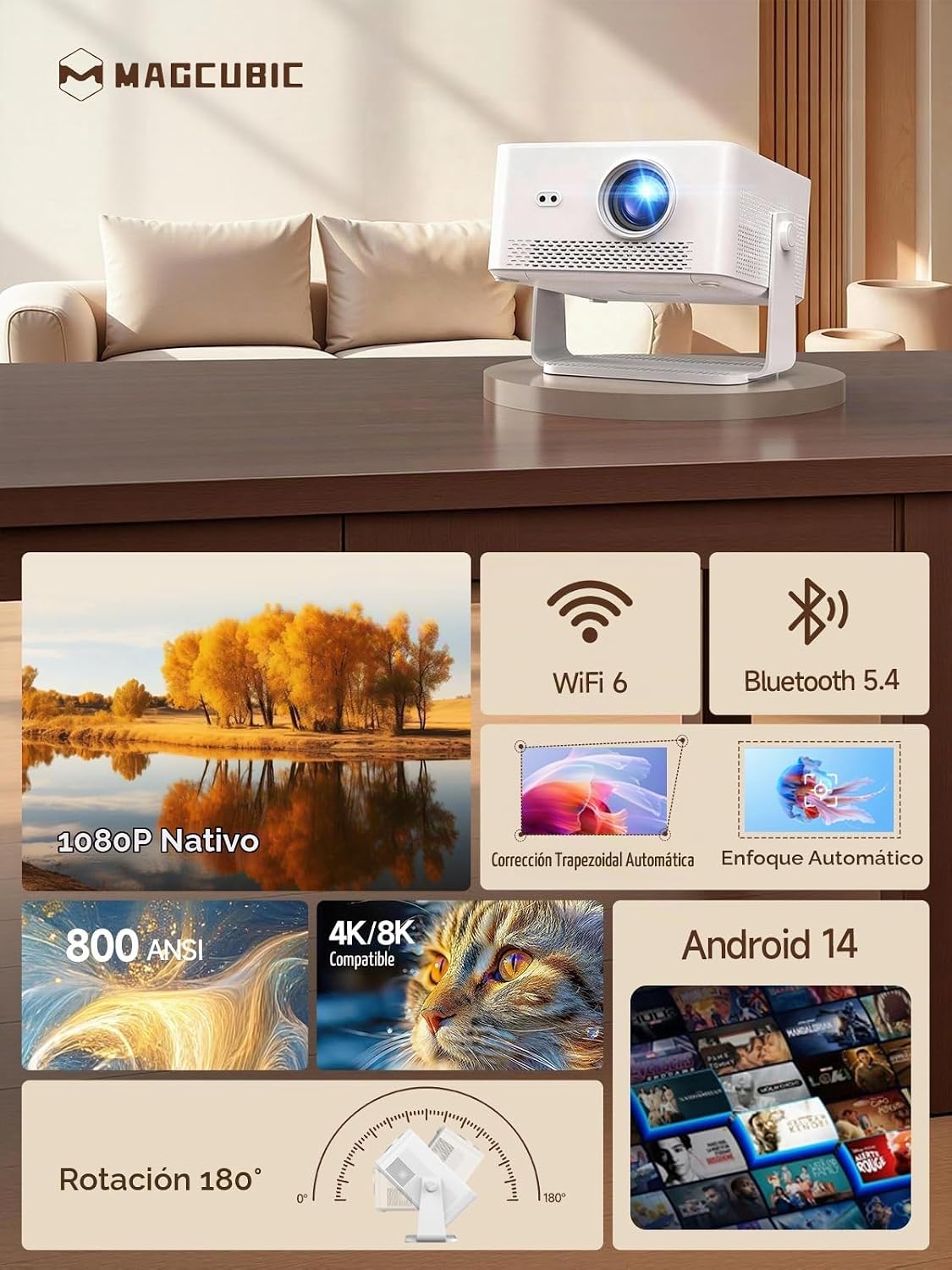 [Android 14 y 800ANSI] Mini proyector Magcubic 4K 8K, compatible co...