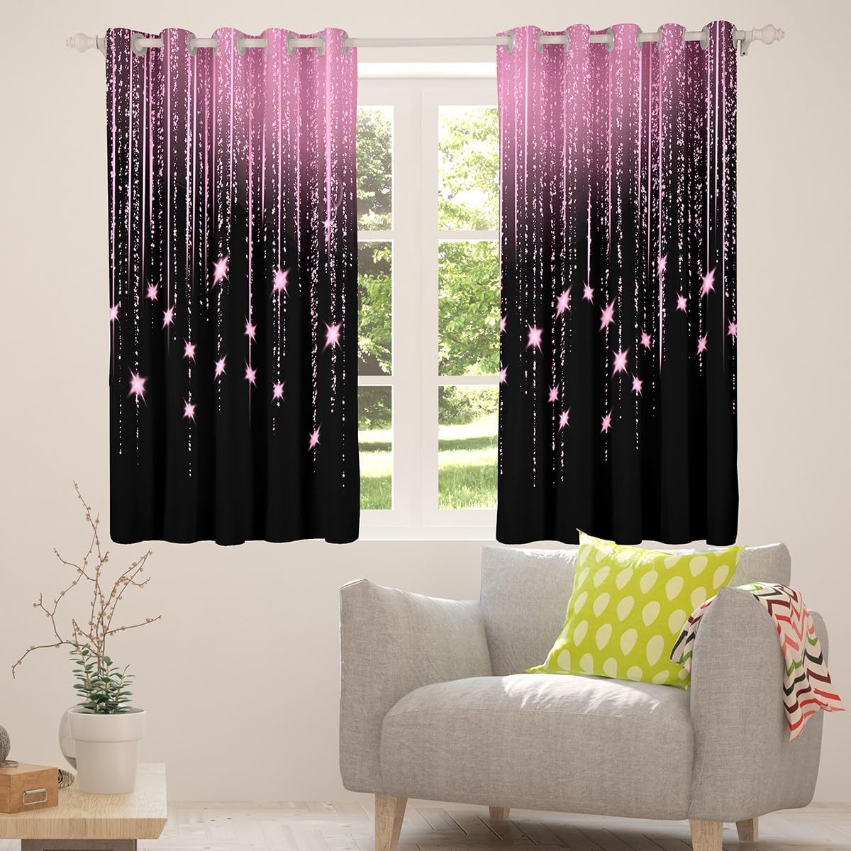 Cortinas abstractas degradadas de color rosa y negro para adolescen...