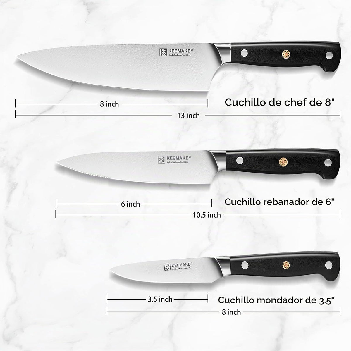 KEEMAKE Juego de cuchillos de cocina, 3 cuchillos afilados de acero...