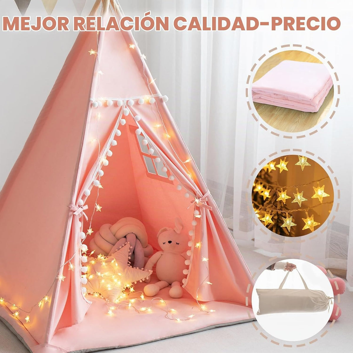 RONGFA Tienda de campaña tipi para niños con alfombra, luces de est...