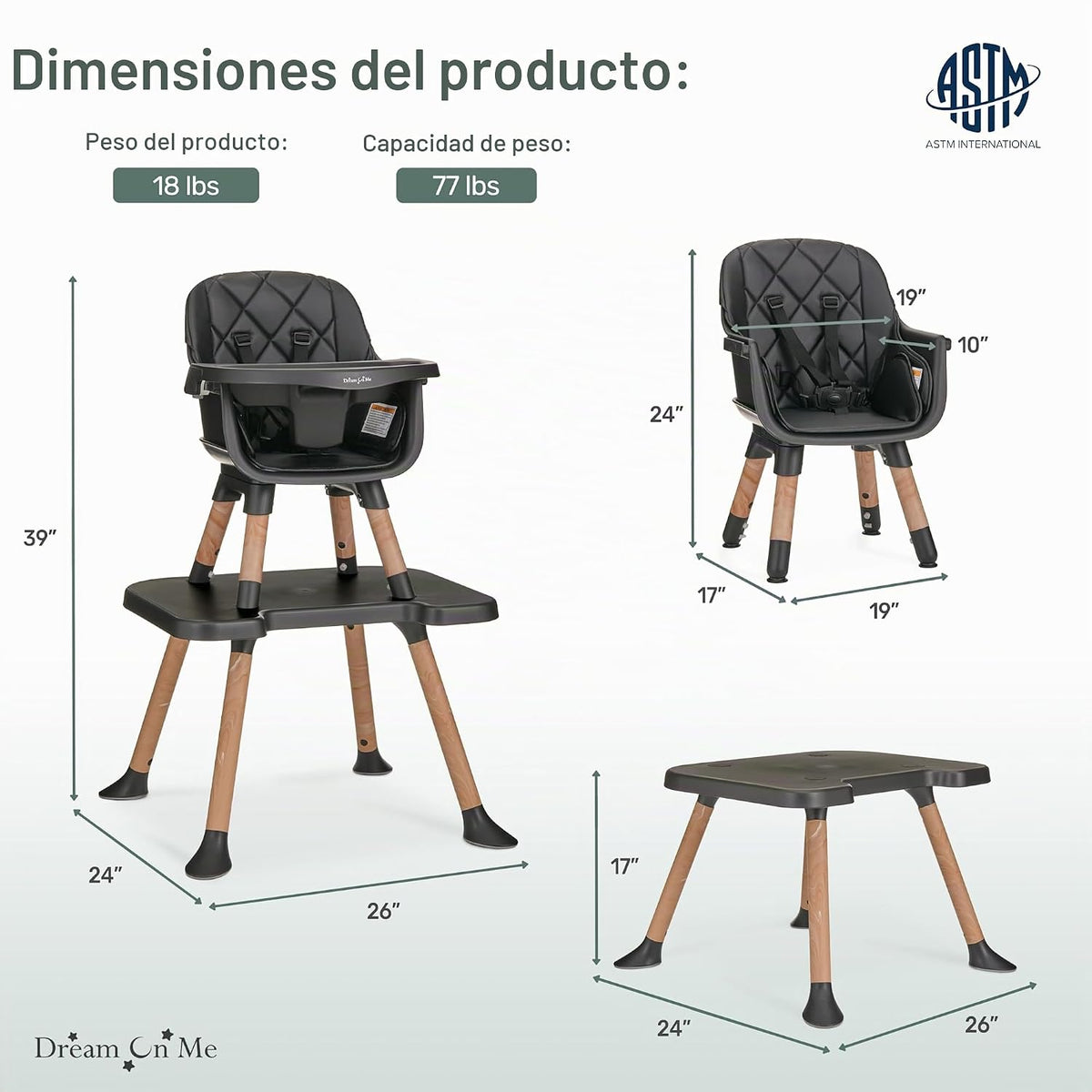 Dream On Me Luna - Silla alta convertible 4 en 1 para bebé, color n...