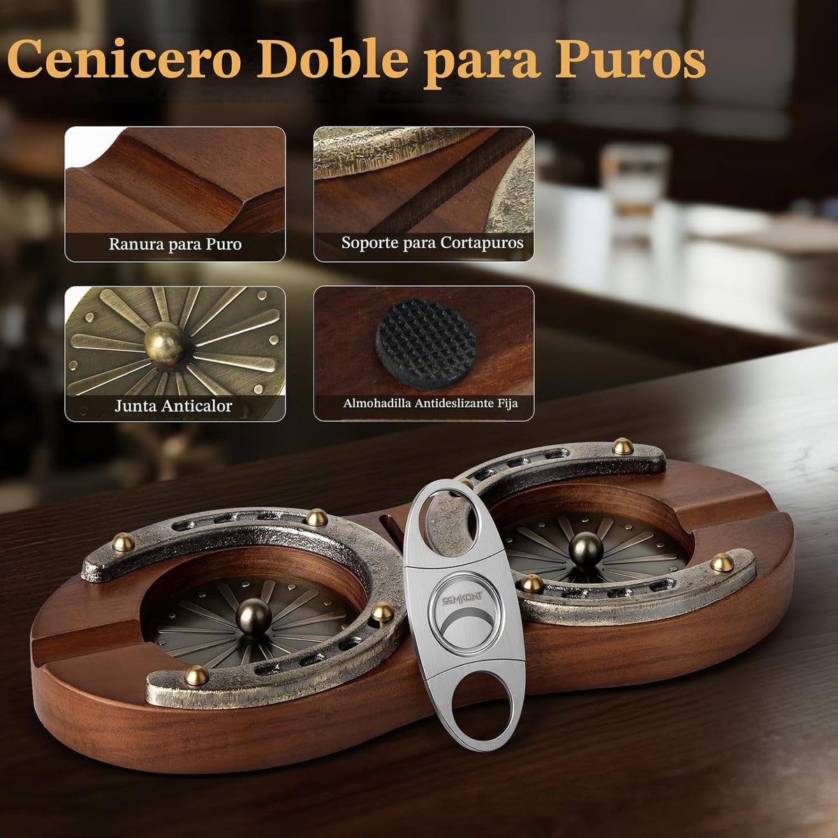 SEMKONT Cenicero de puros, cenicero doble de madera de herradura co...