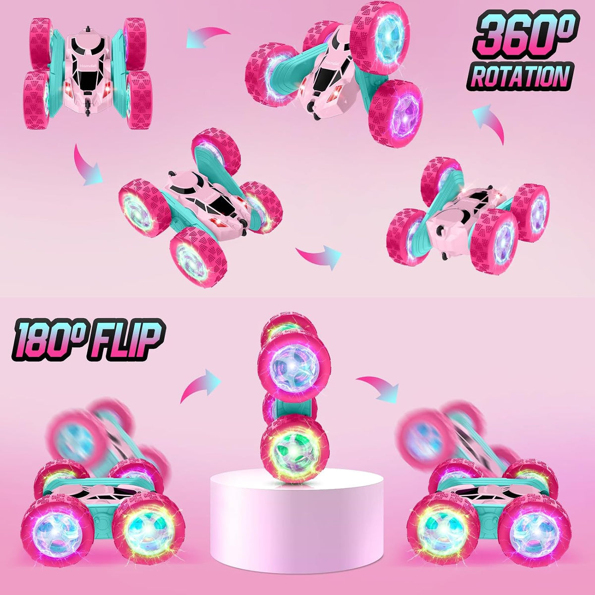 Hamdol Coche de control remoto rosa para niñas, doble cara con faro...