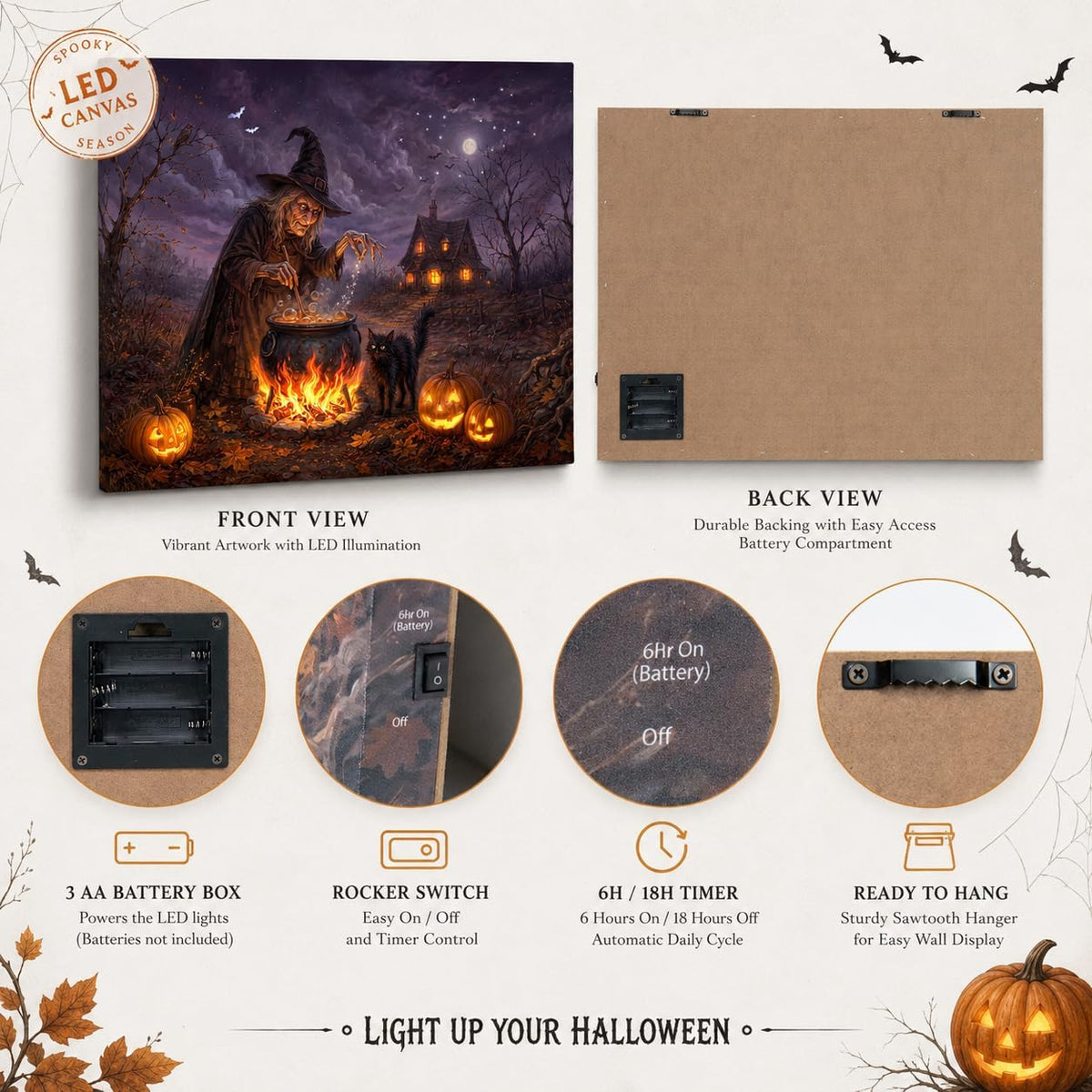 Artiluxy Lienzo iluminado de Halloween, caldero de bruja, 20.0 x 15...
