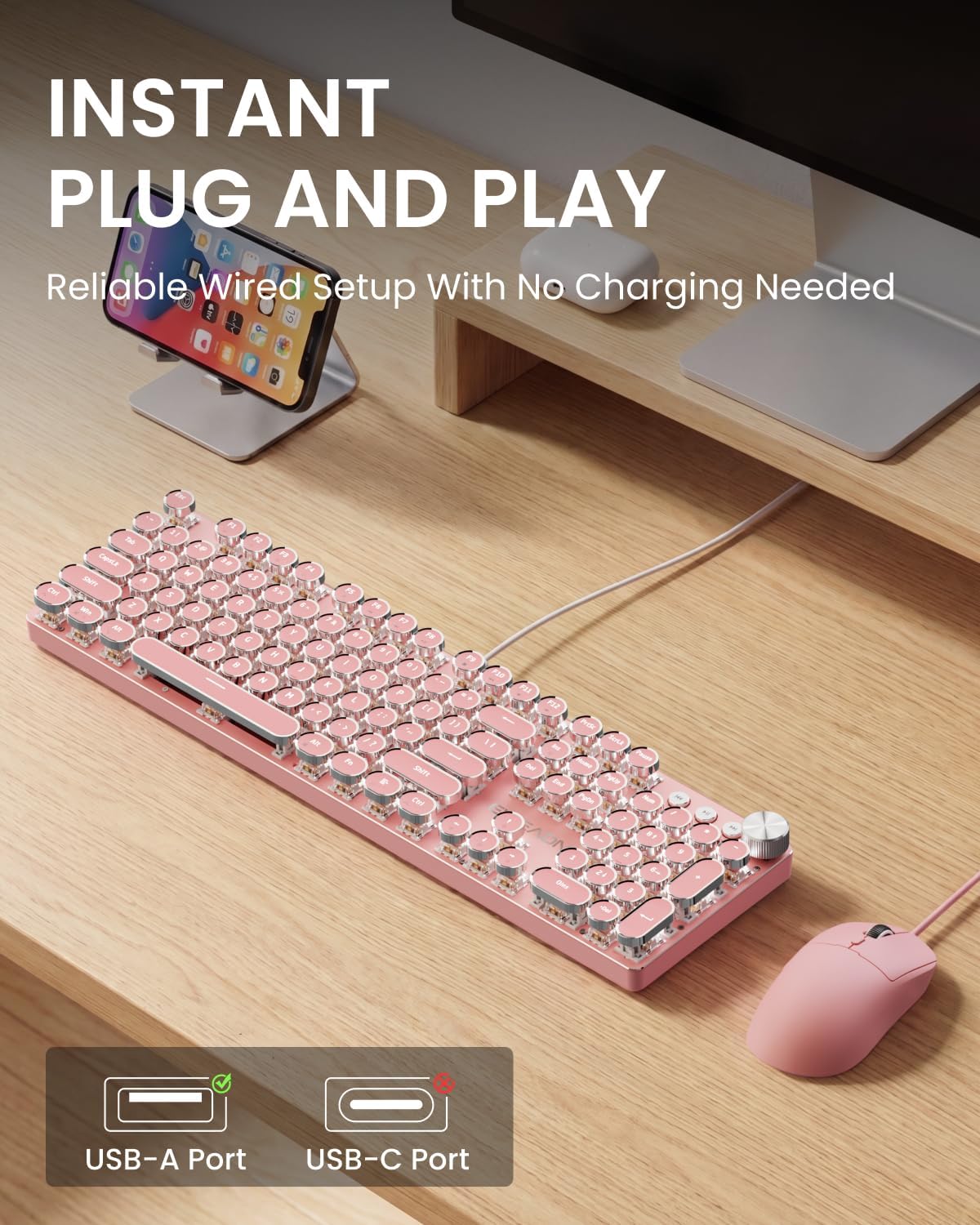 SEUNKWANG Combo de teclado y mouse con máquina de escribir con cabl...