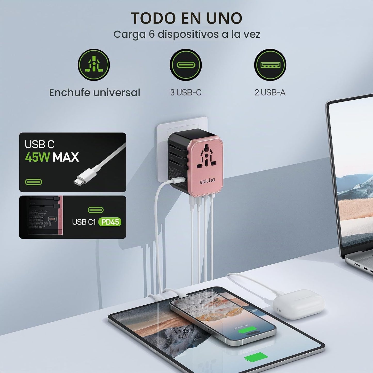 EPICKA Adaptador de viaje universal de 45 W PD&amp;QC, 1AC\/3USB-C\...