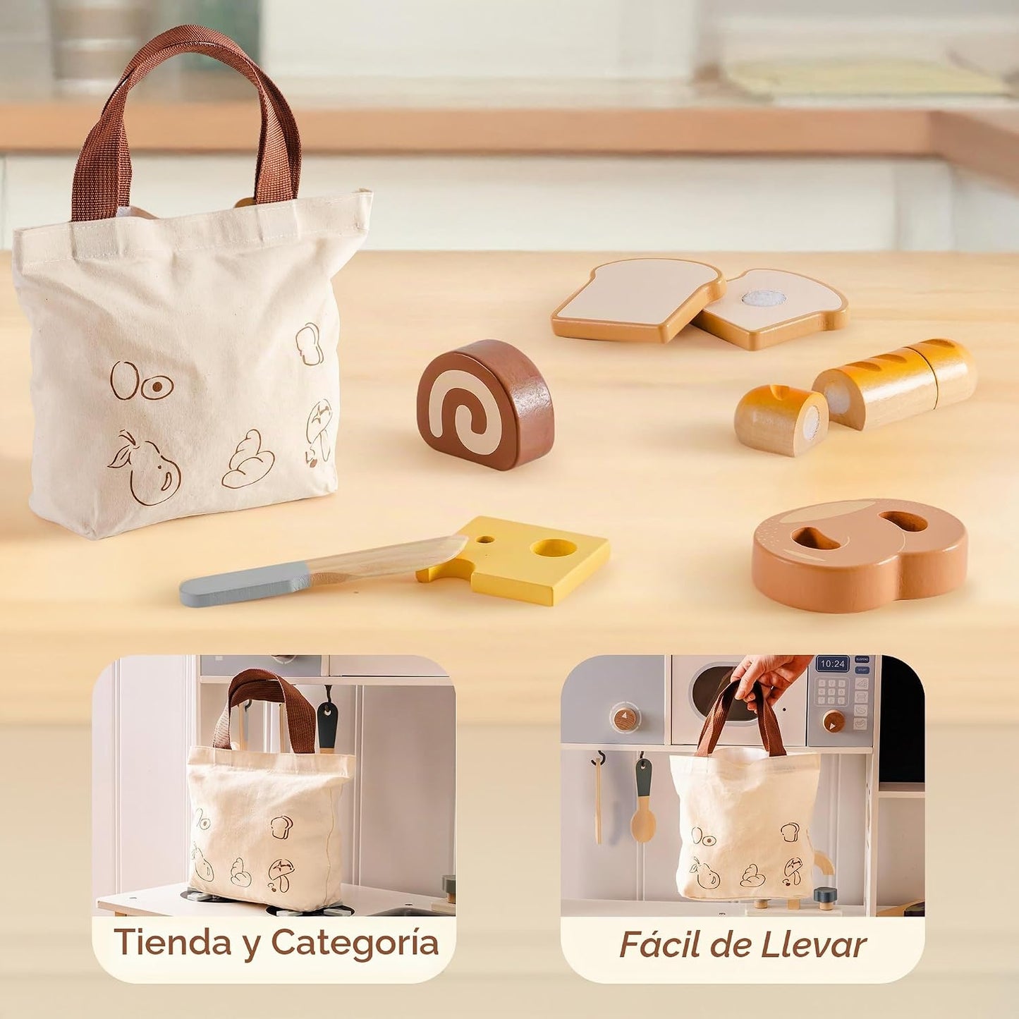 ROBOTIME Juego de Comida de Juguete de Madera para Cortar Pan, Jugu...