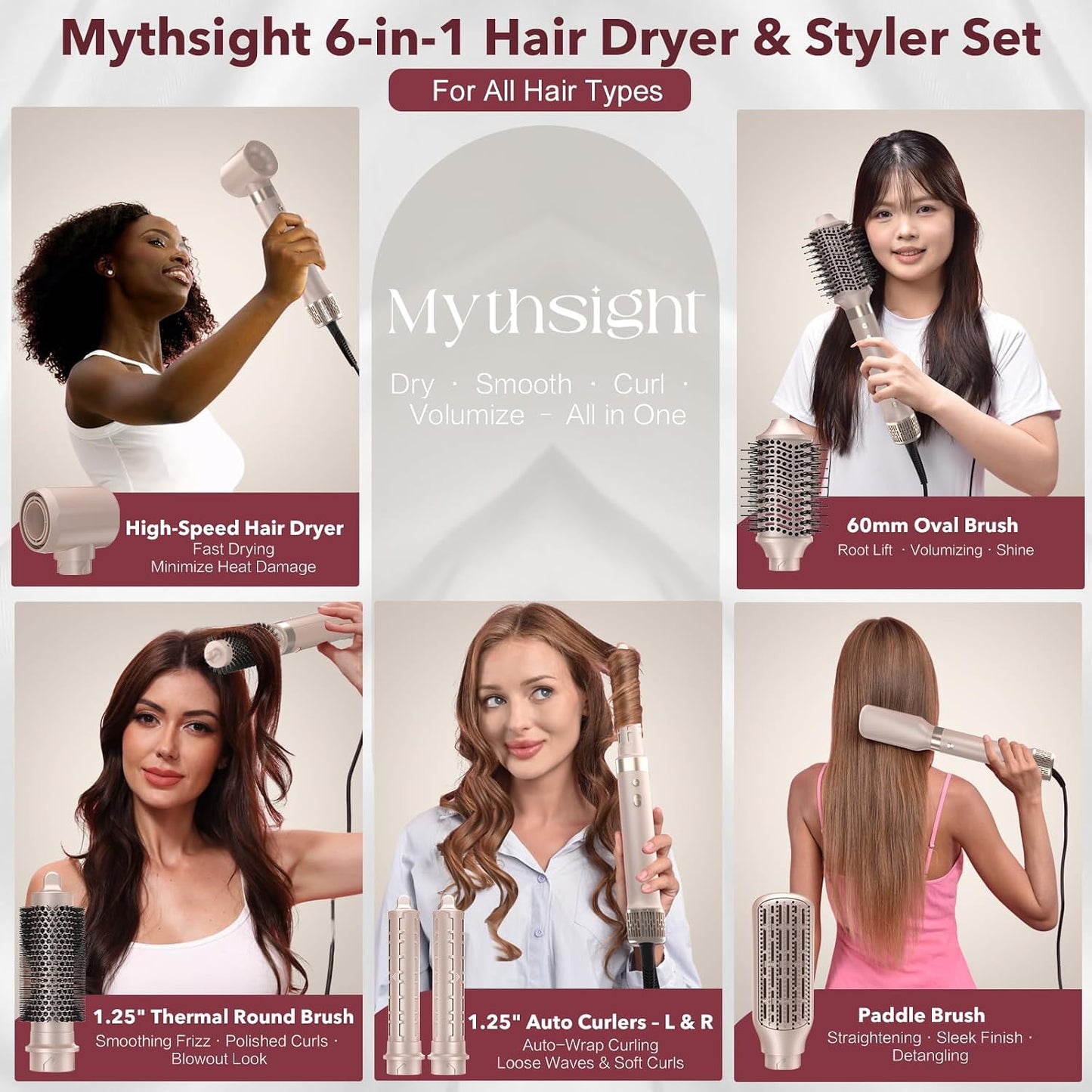 Mythsight StyleVibe - Moldeador de aire 6 en 1 con secador de pelo...