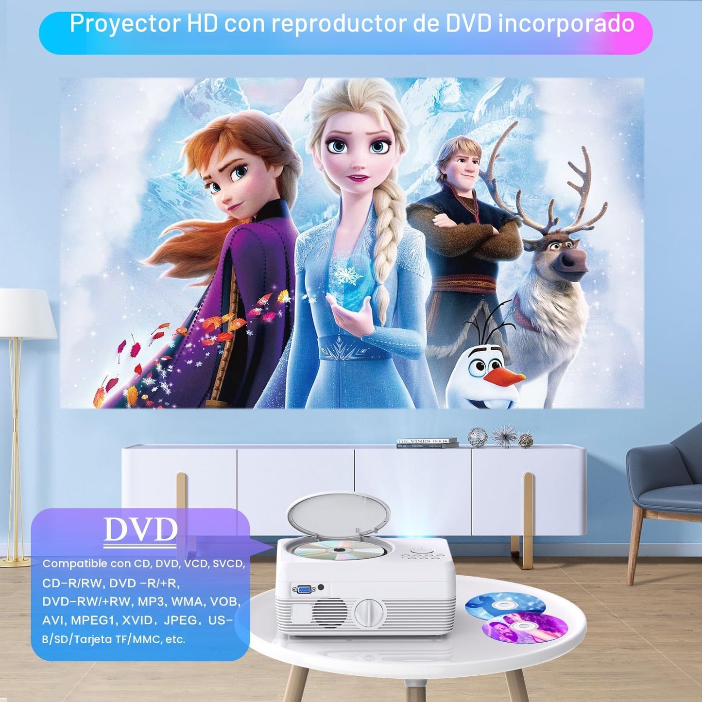 Proyector Bluetooth Full HD WiFi Reproductor de DVD integrado, 1200...