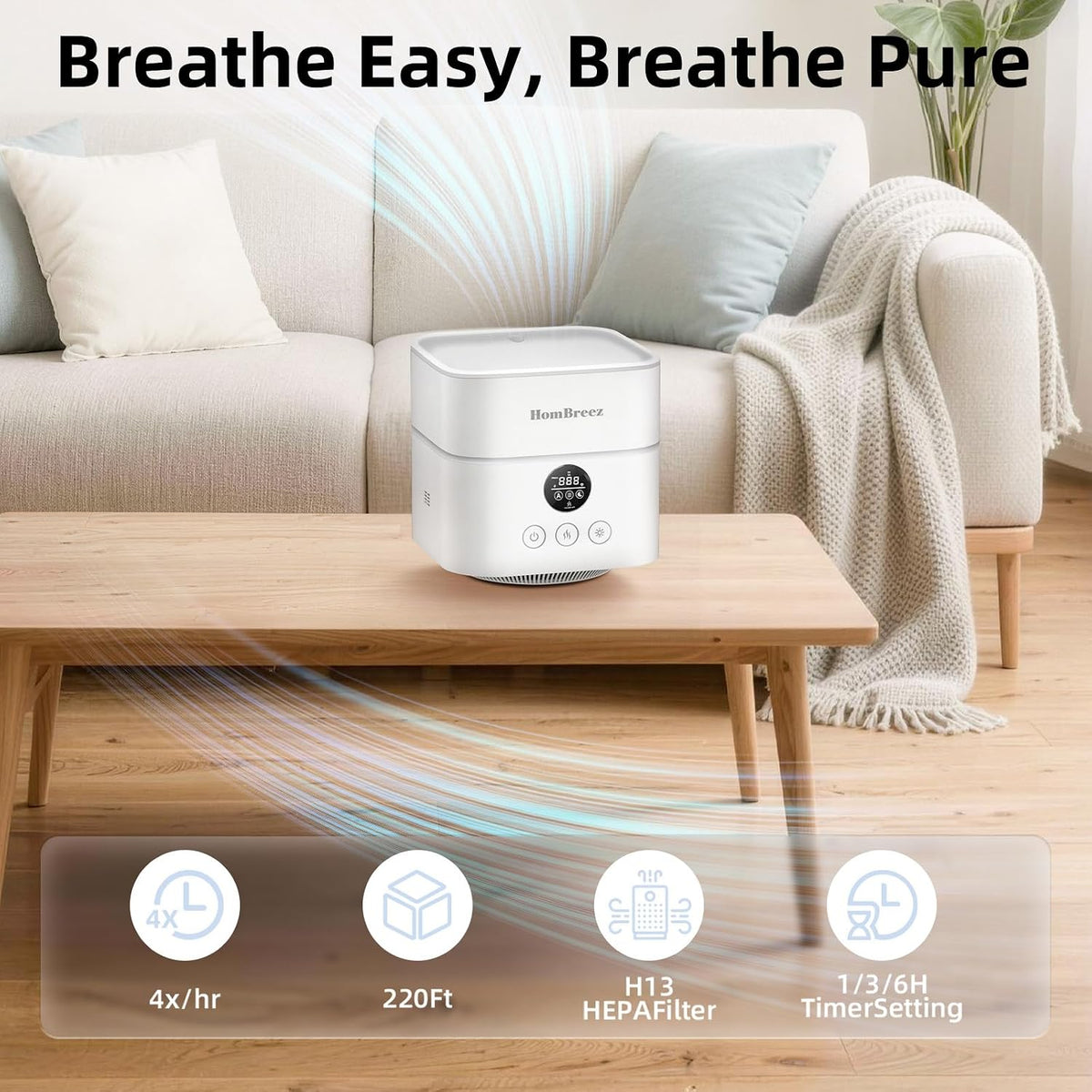 HomBreez Humidificador y purificador de aire en uno, filtro H13 Tru...