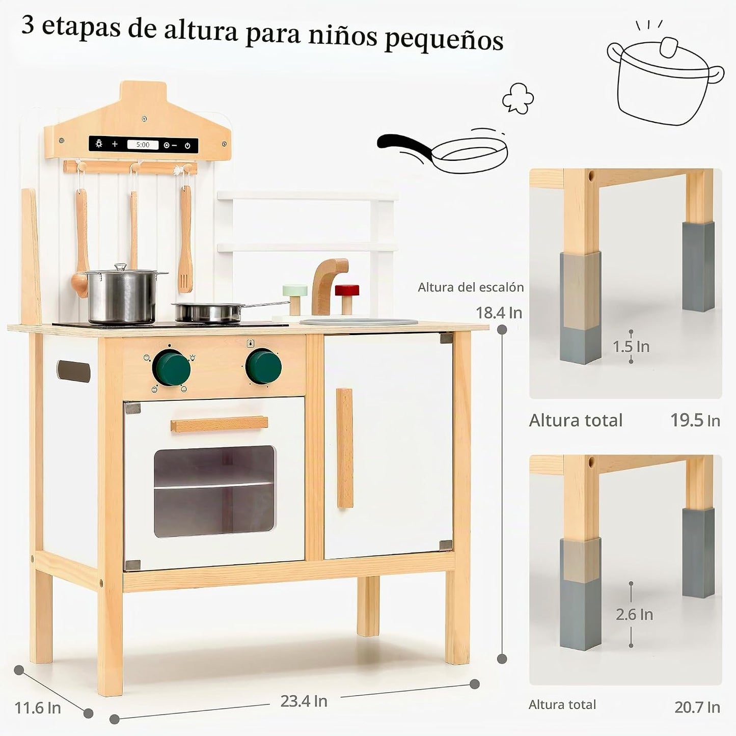 Cocina de juego de madera para niños, juguetes de madera de altura...