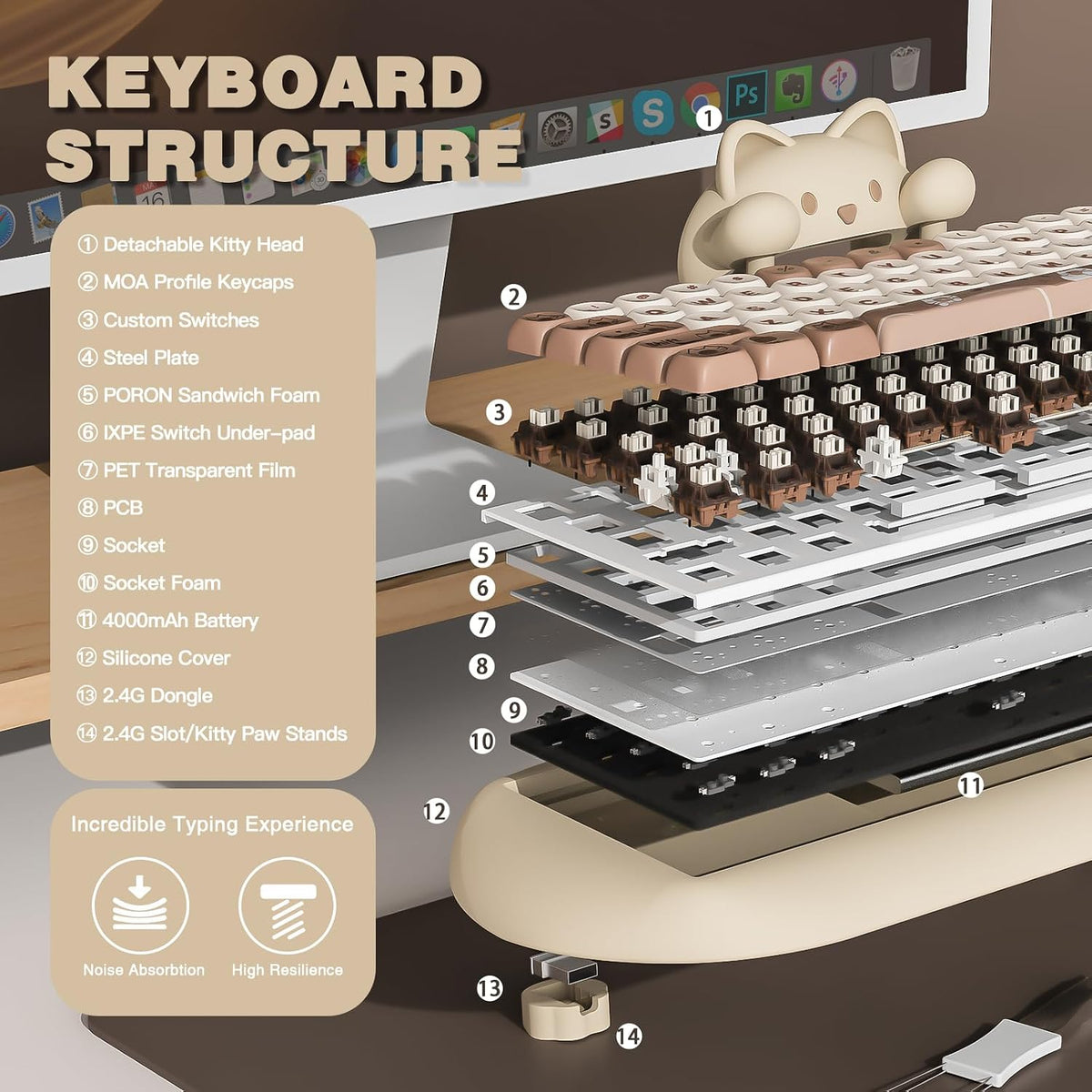 YUNZII C68 Teclado mecánico inalámbrico, diseño de 65%, cambio cali...
