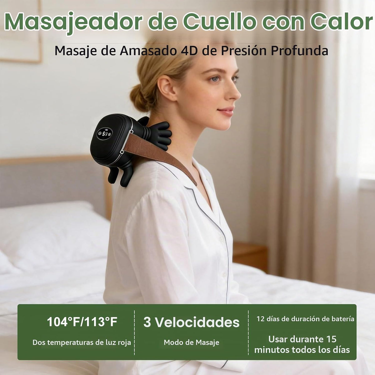 Sriolr Masajeador de cuello con calor, masajeador inalámbrico 4D de...