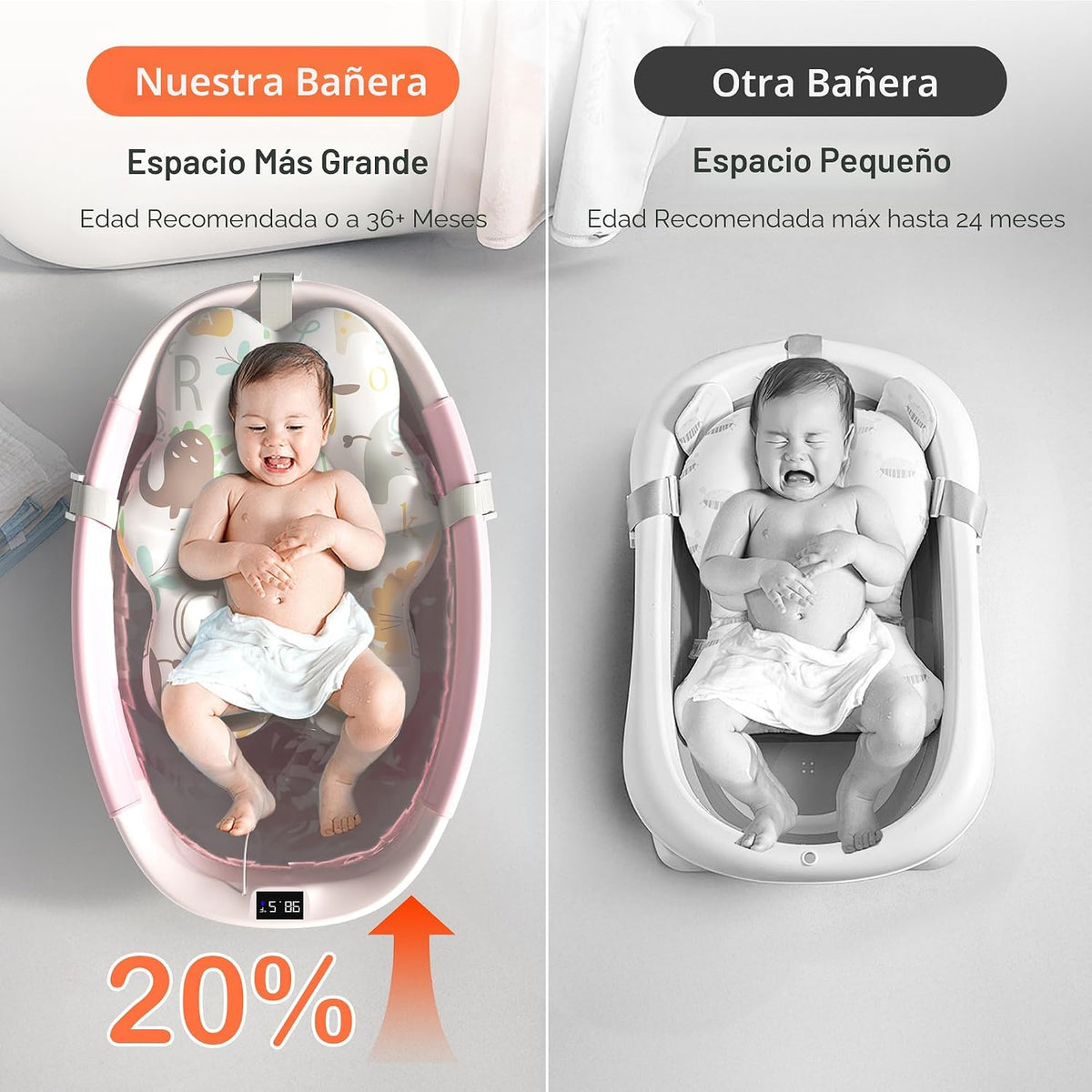 Bañera plegable para bebé - Bañera grande para bebé con termómetro...