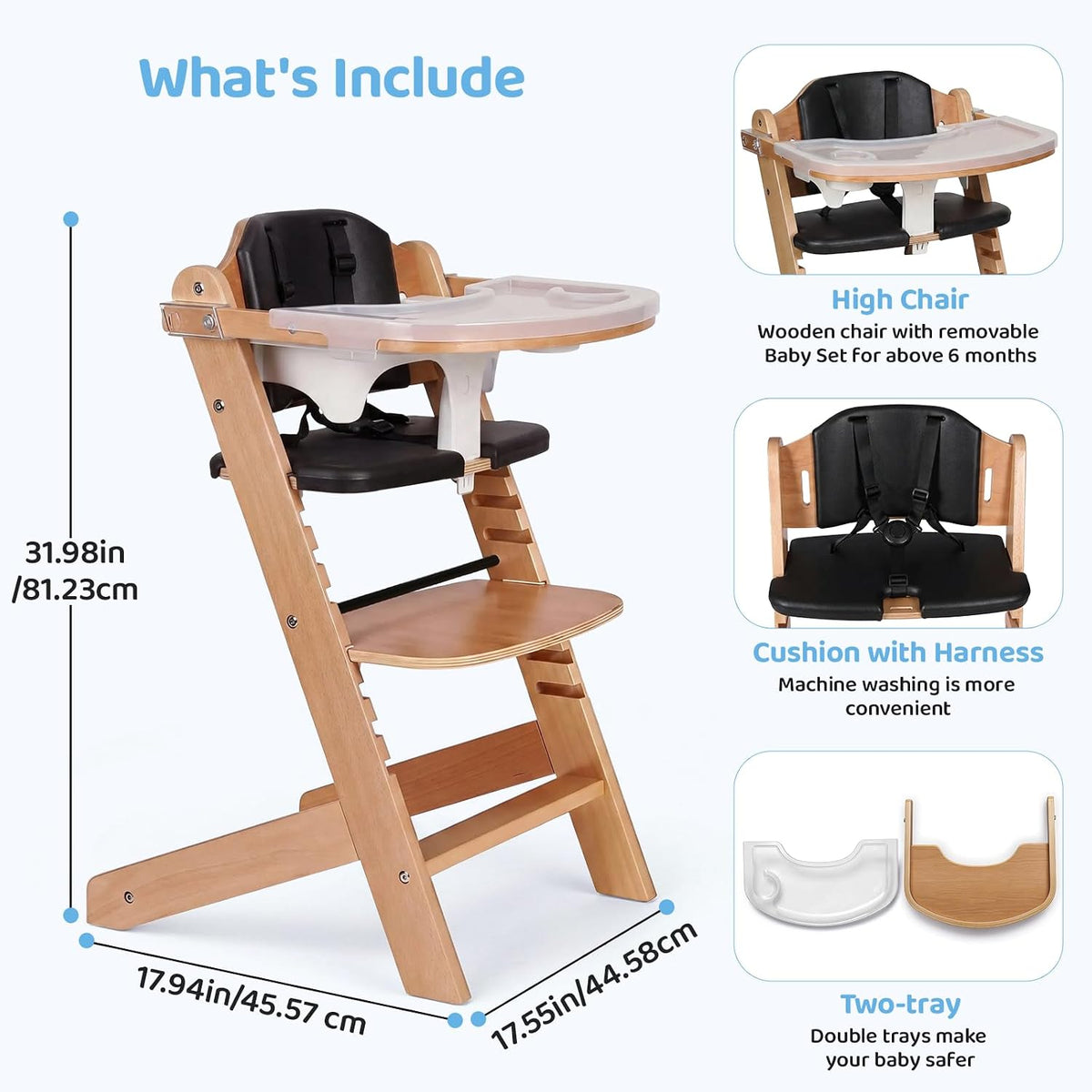 Cowiewie Trona de madera natural para bebé con bandeja ajustable y...