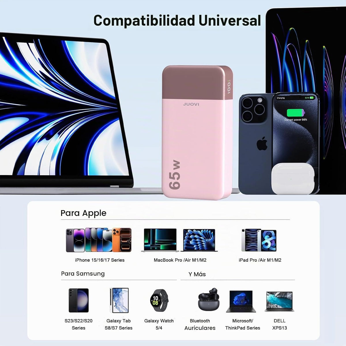 JUOVI Cargador portátil para portátil de 65 W y 20000 mAh | Carga r...