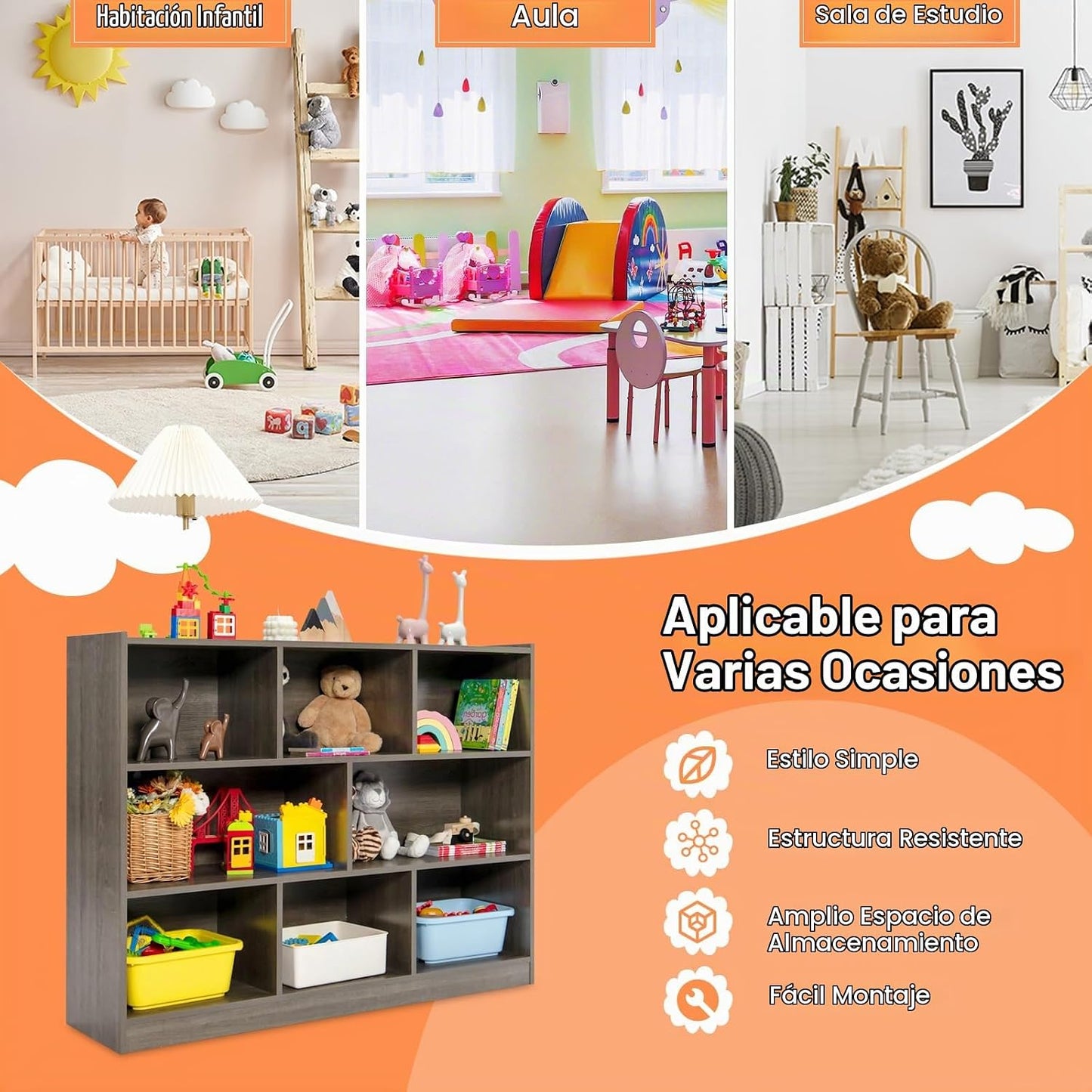 Costzon Estantería de 3 estantes para niños, organizador de almacen...