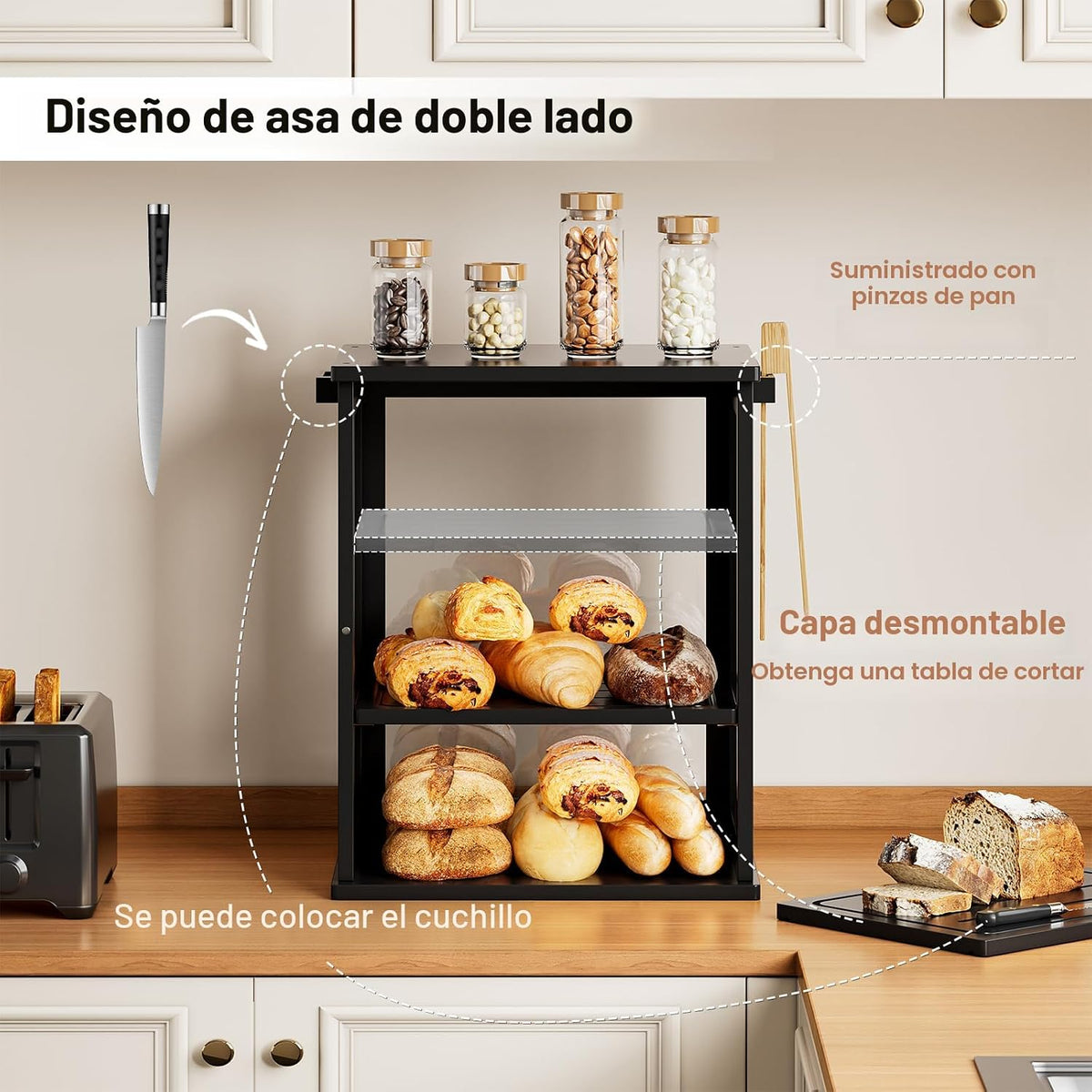 WOWLIVE Caja de Pan Negra para Encimera de Cocina, Contenedor de Al...