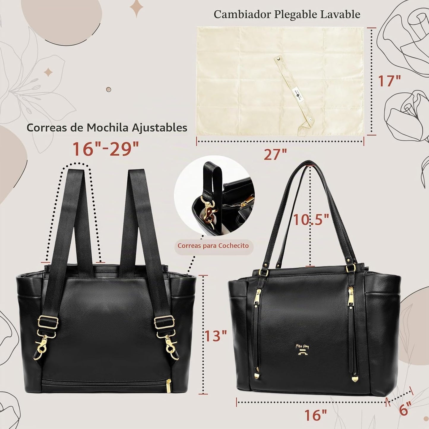 miss fong Bolso de cuero para pañales tipo mochila, bolso grande de...