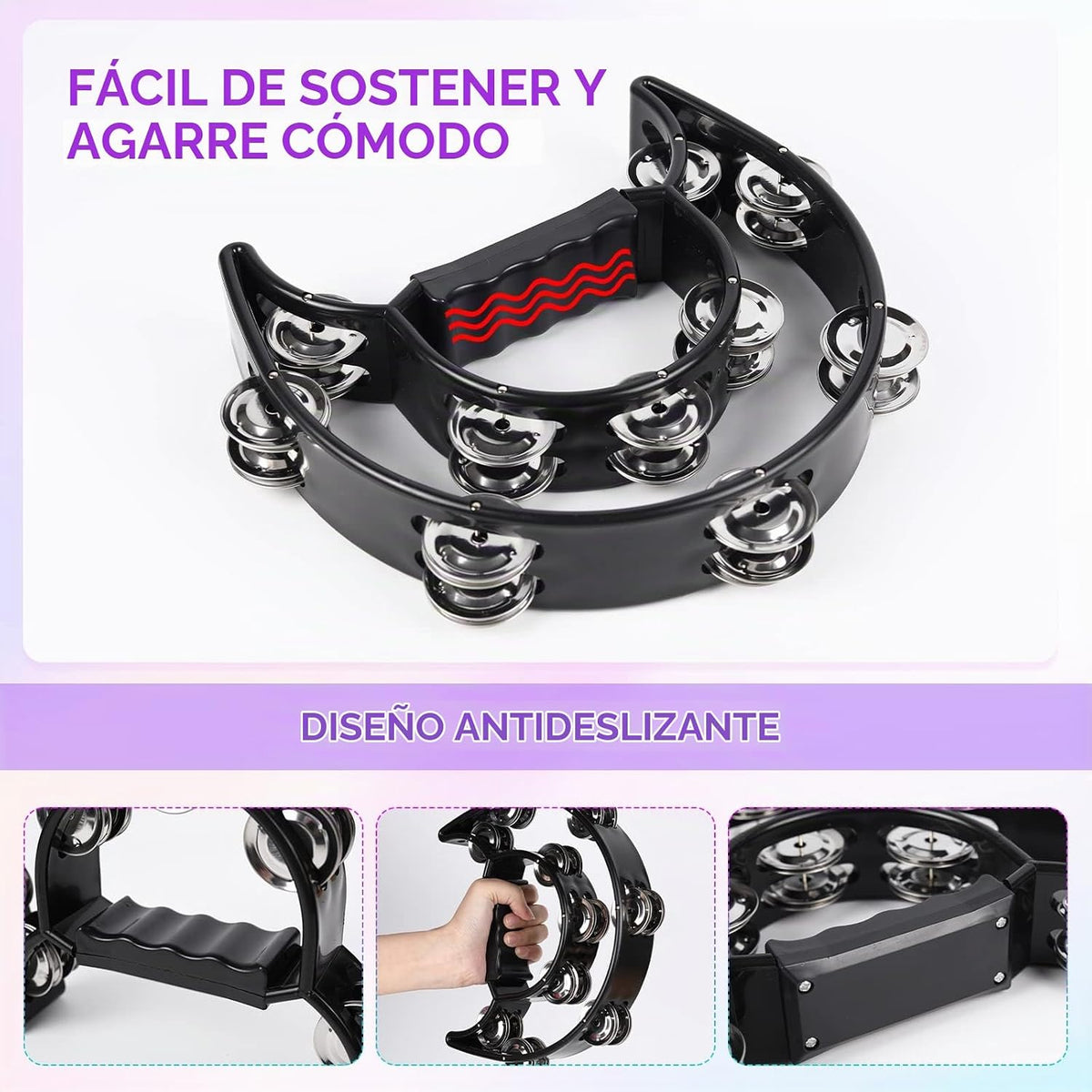 Pandereta de Doble Fila con Cascabeles de Metal, Instrumento de Per...
