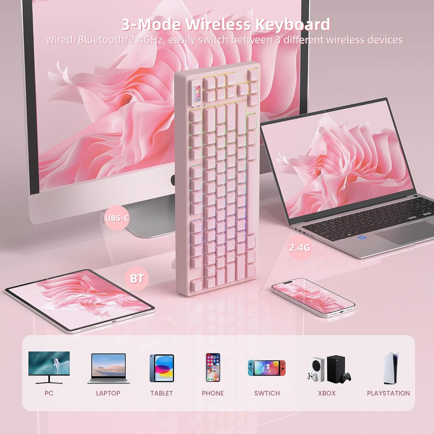 Womier Teclado Mecánico Inalámbrico Rosa Cremoso 75% con Pantalla M...