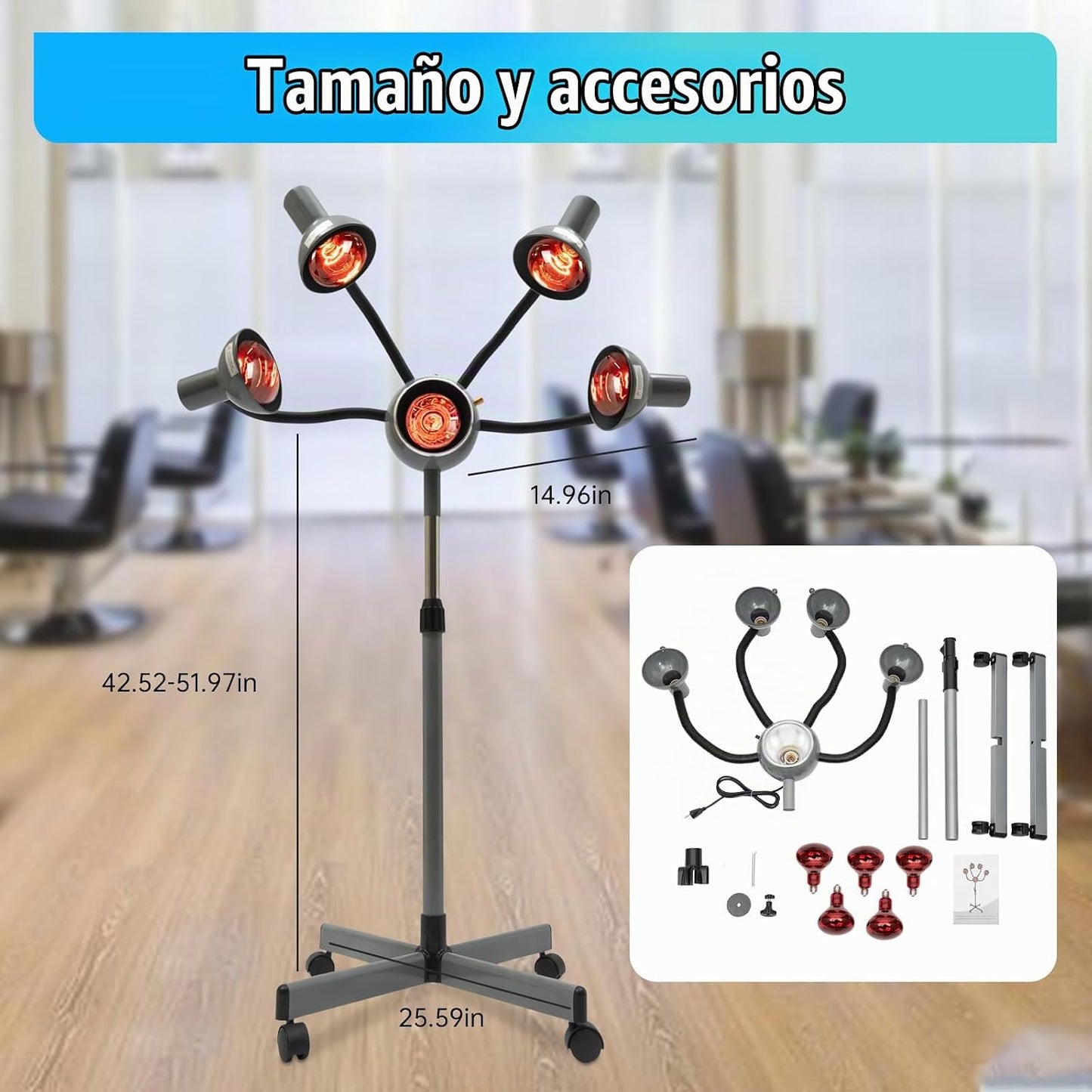 Secador de pelo con capucha de 750 W con 5 lámparas infrarrojas, va...