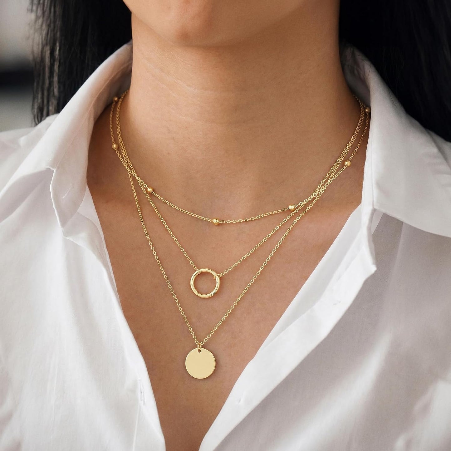 Turandoss Collares en capas para mujer, chapados en oro de 14 quila...