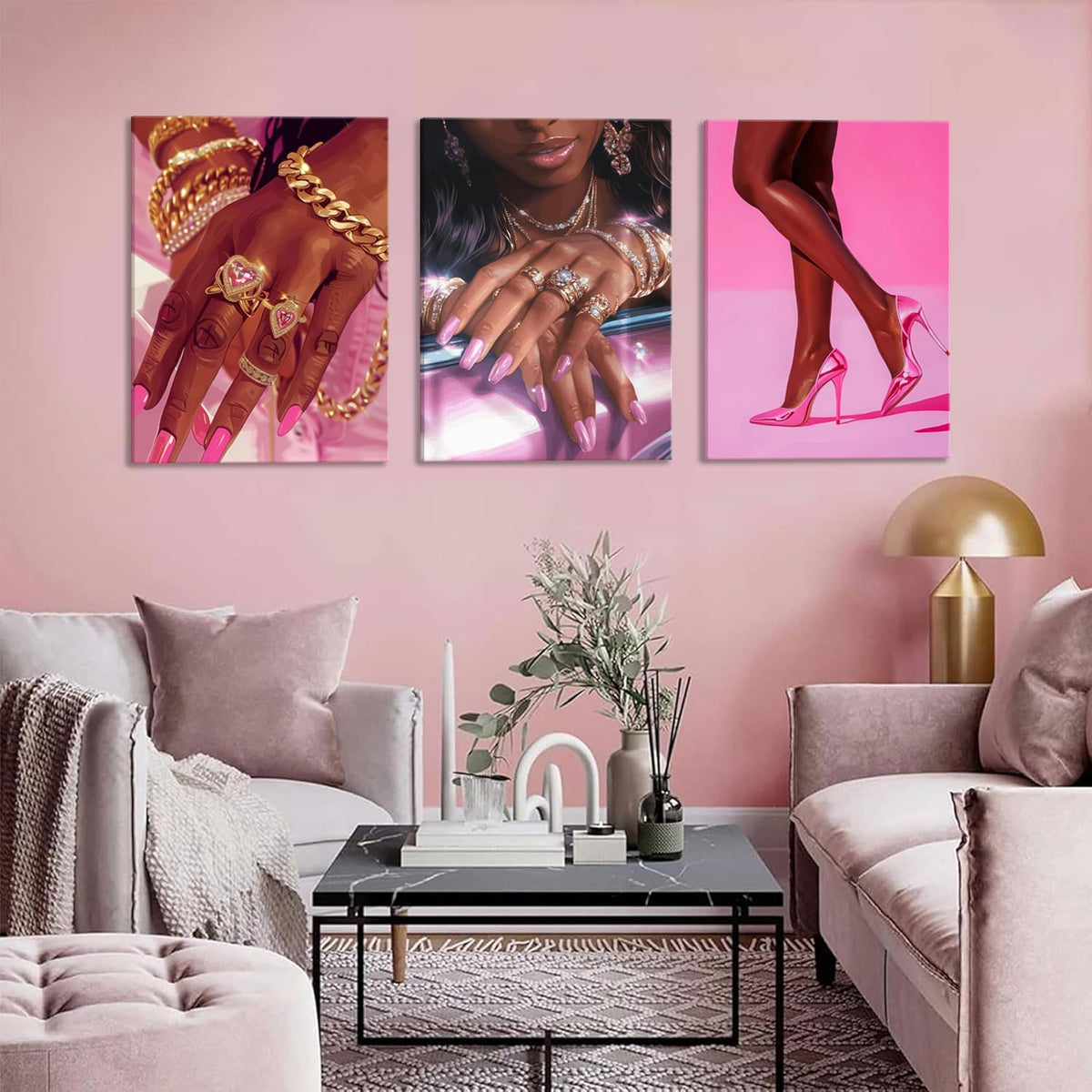 Juego de 3 pósters de pared de mujer afroamericana en tonos rosa y...