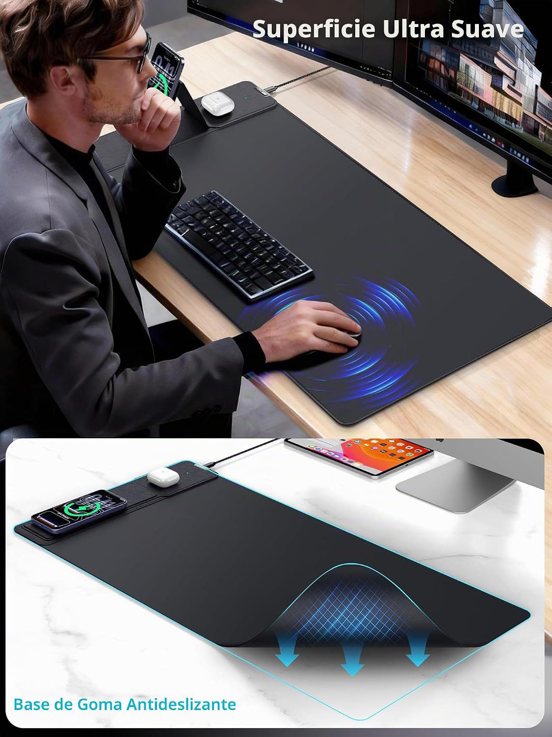 Alfombrilla para mouse con carga inalámbrica magnética y soporte aj...