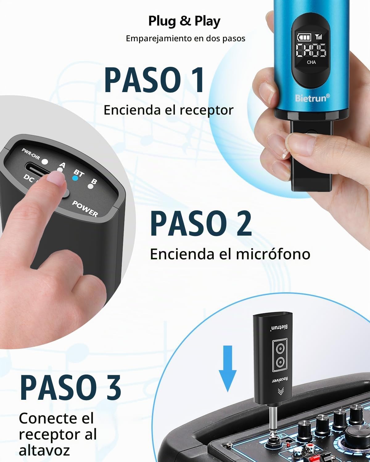 Bietrun Micrófono inalámbrico recargable, micrófonos inalámbricos d...