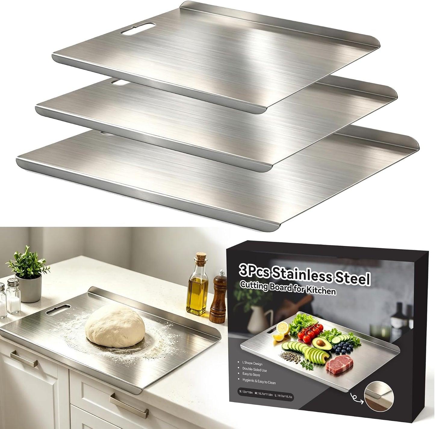 Juego de 3 tablas de cortar de acero inoxidable para cocina, tabla...