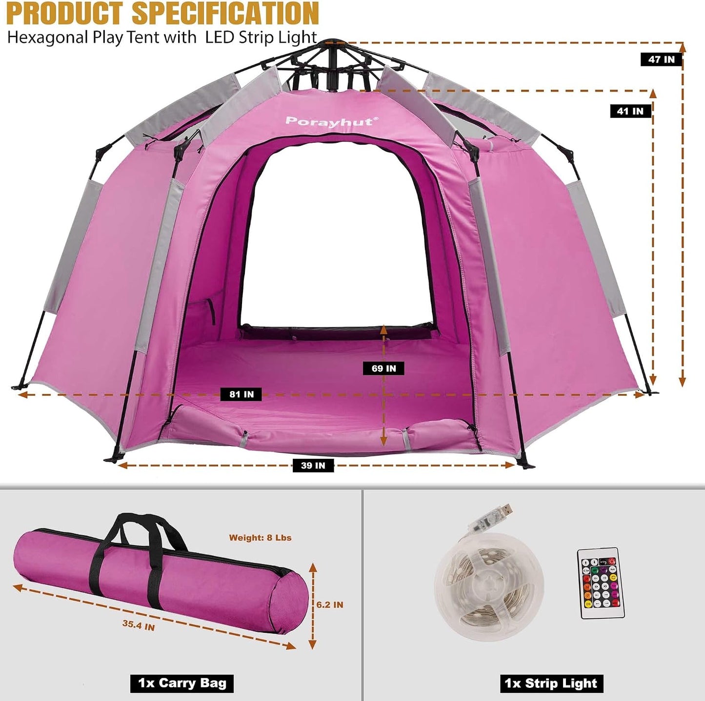 Tienda de campaña hexagonal portátil para niños con tira de luces L...