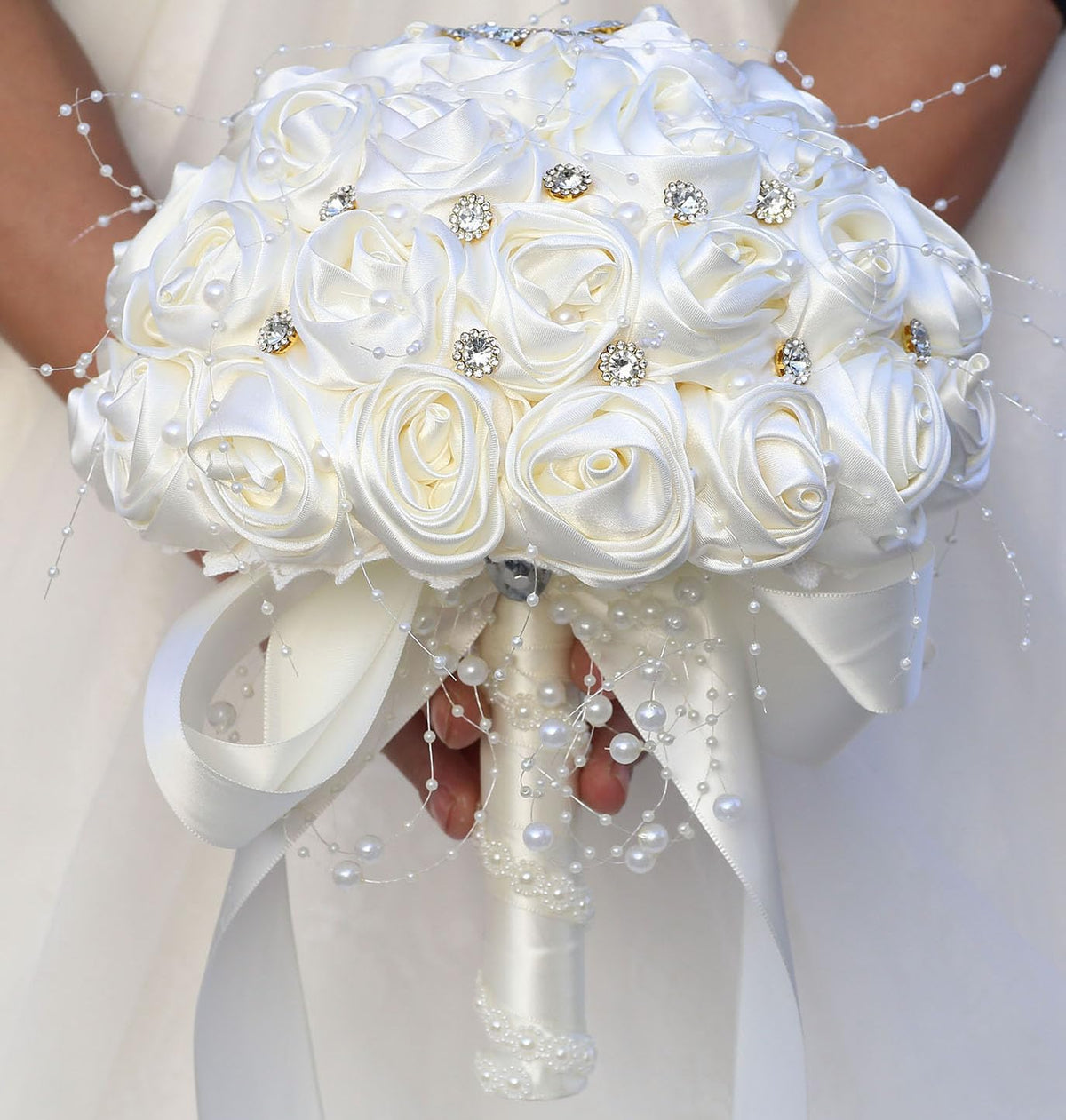 Mhojpik Ramo de Novia para Boda Redondo con Broche Brillante, Ramo...