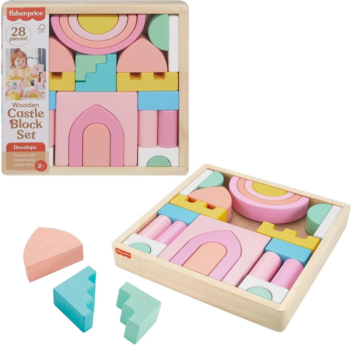 Fisher-Price - Juego de bloques de madera para castillo, 28 piezas,...