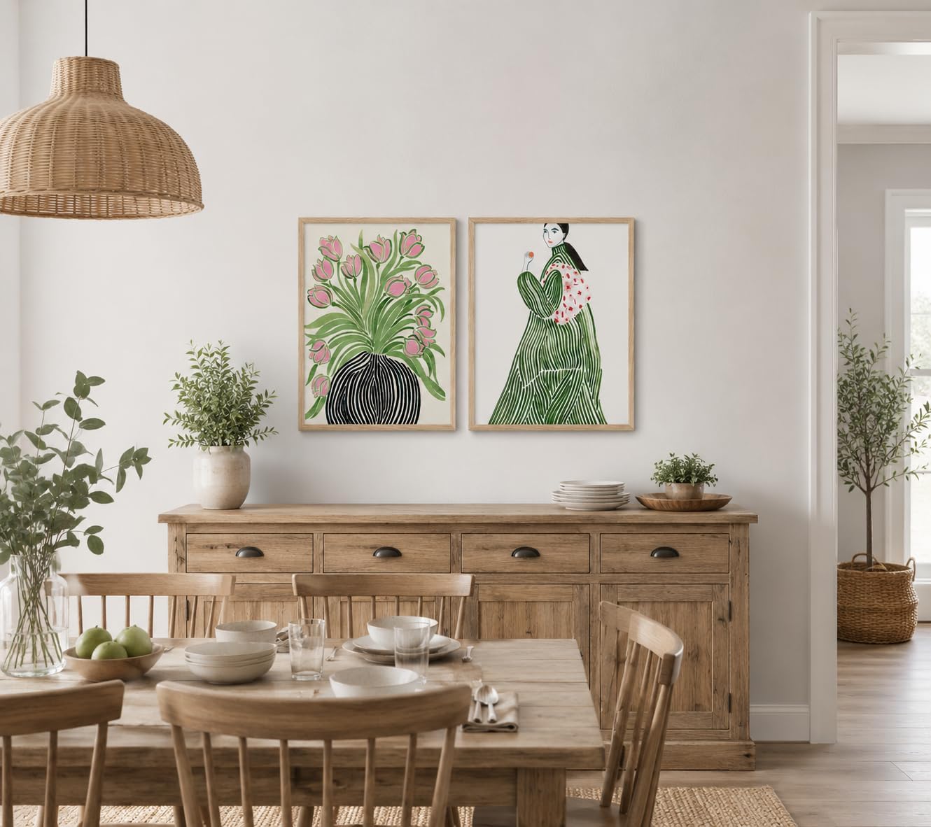 Lienzo enmarcado para pared, diseño de tulipanes, jarrón de mujer,...