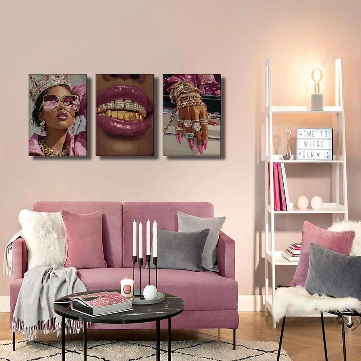 3 piezas de arte de pared en lona rosado con niña negra de lujo, de...