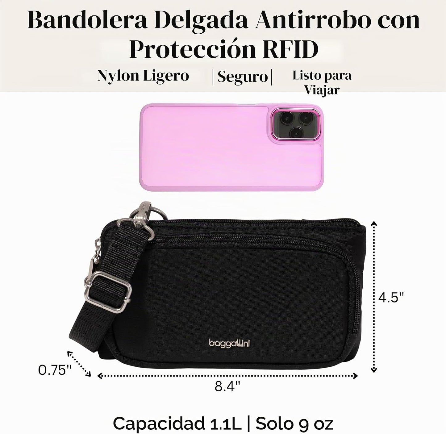 Securtex - Mini cartera cruzada antirrobo, ligera, 8.4 x 4.5 pulgad...