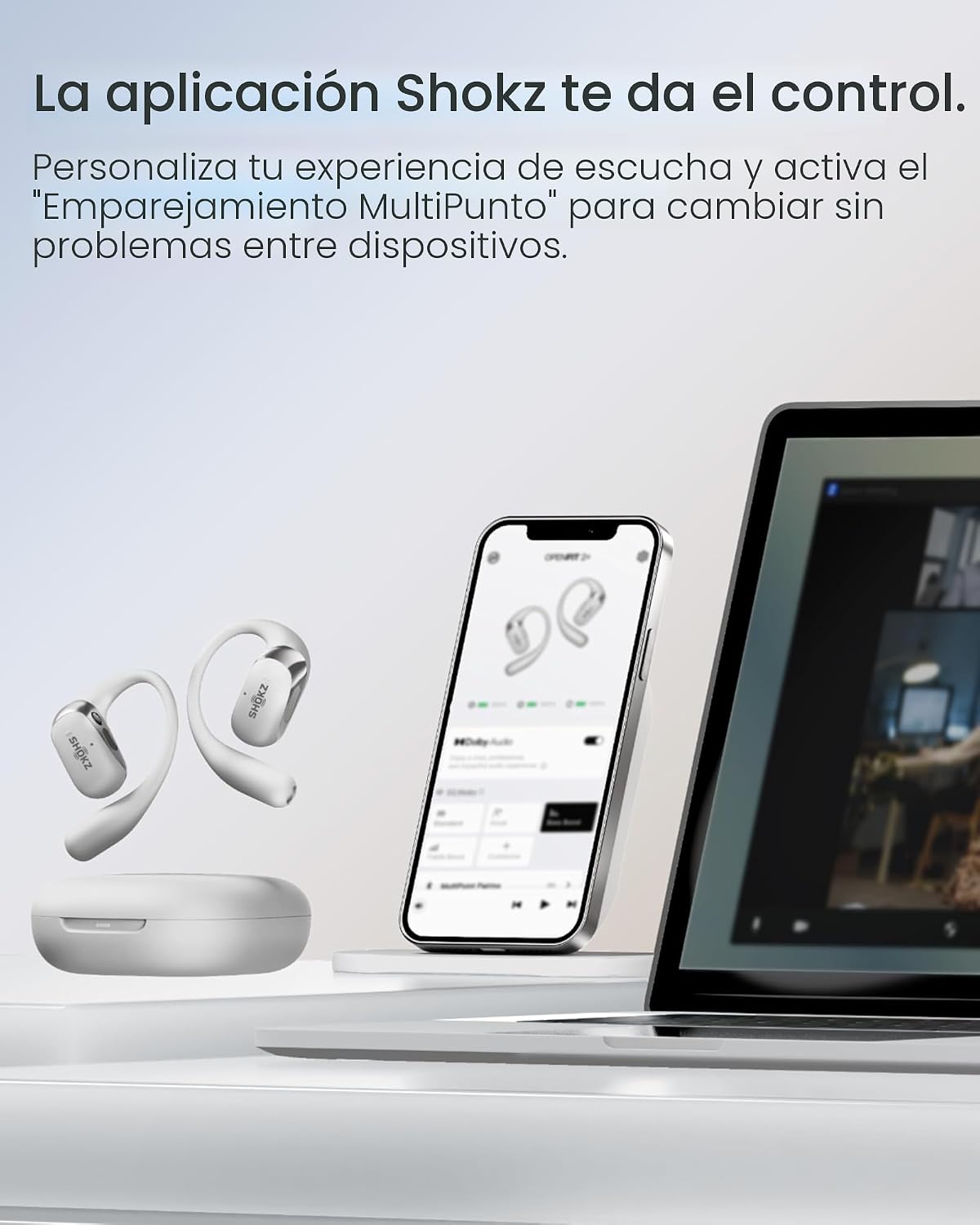 SHOKZ Nuevos auriculares OpenFit 2+ de oreja abierta, habilitados p...