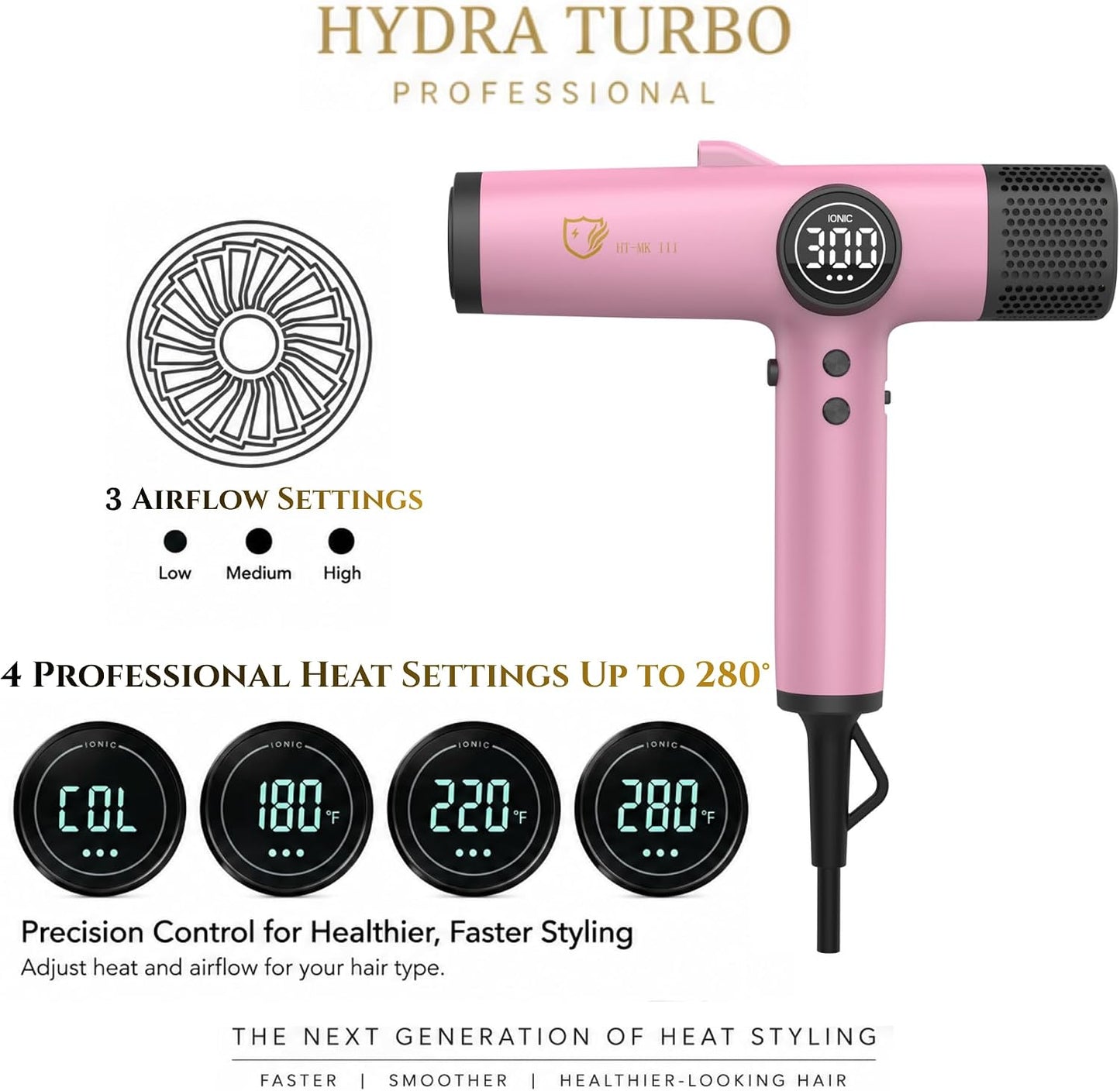 Hydra Turbo Mark 3 (rosa) Secador de pelo profesional iónico, secad...