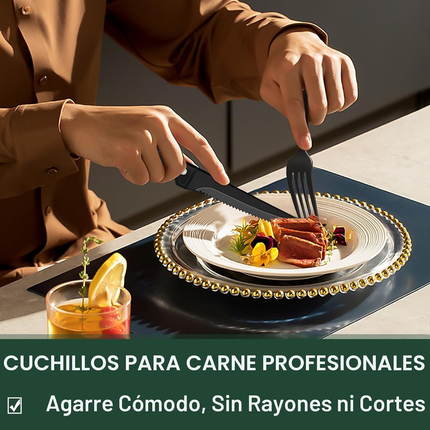 Juego de cubiertos negros de 49 piezas con organizador, cubiertos n...